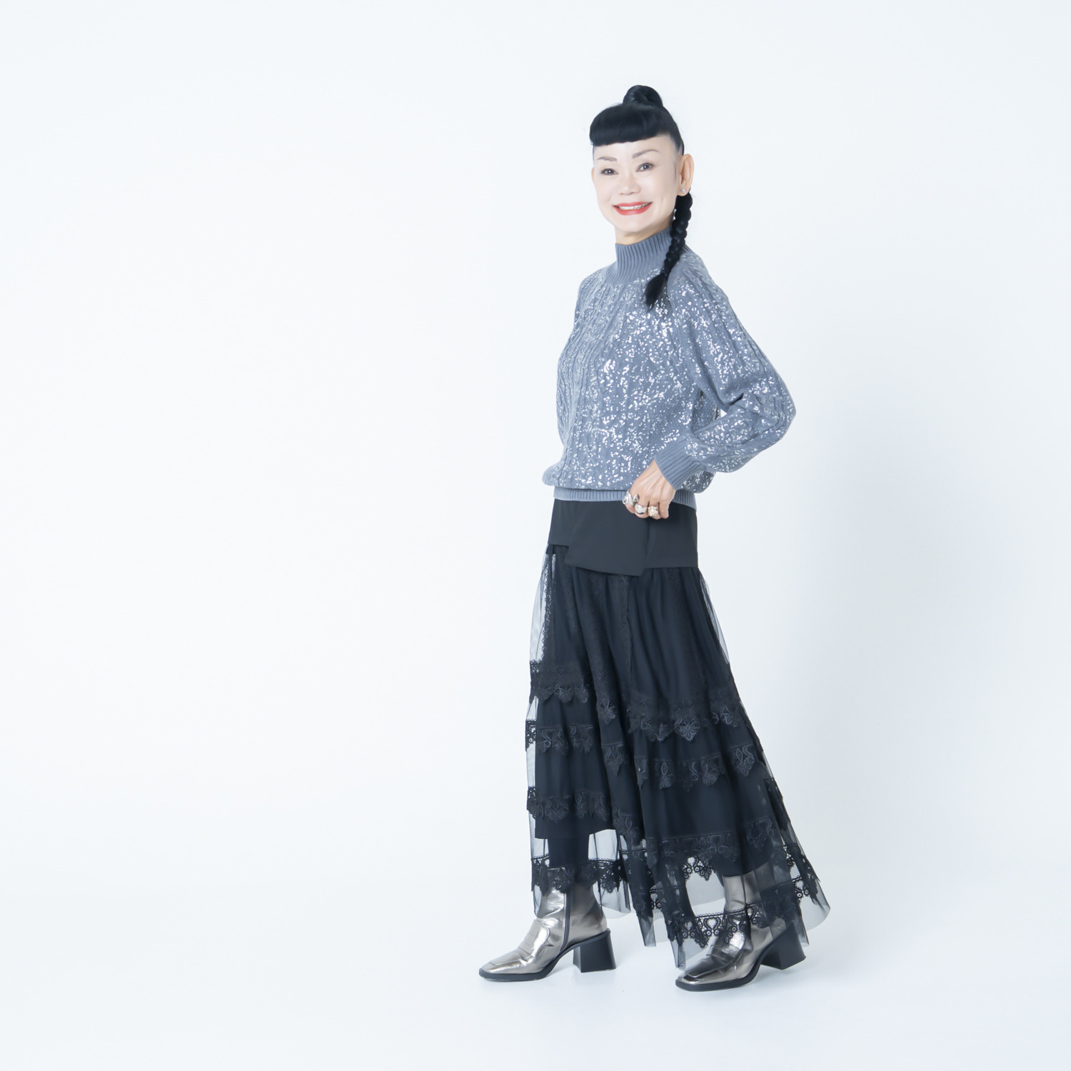 キョウコ　ヒガ 箔プリント ケーブルニット