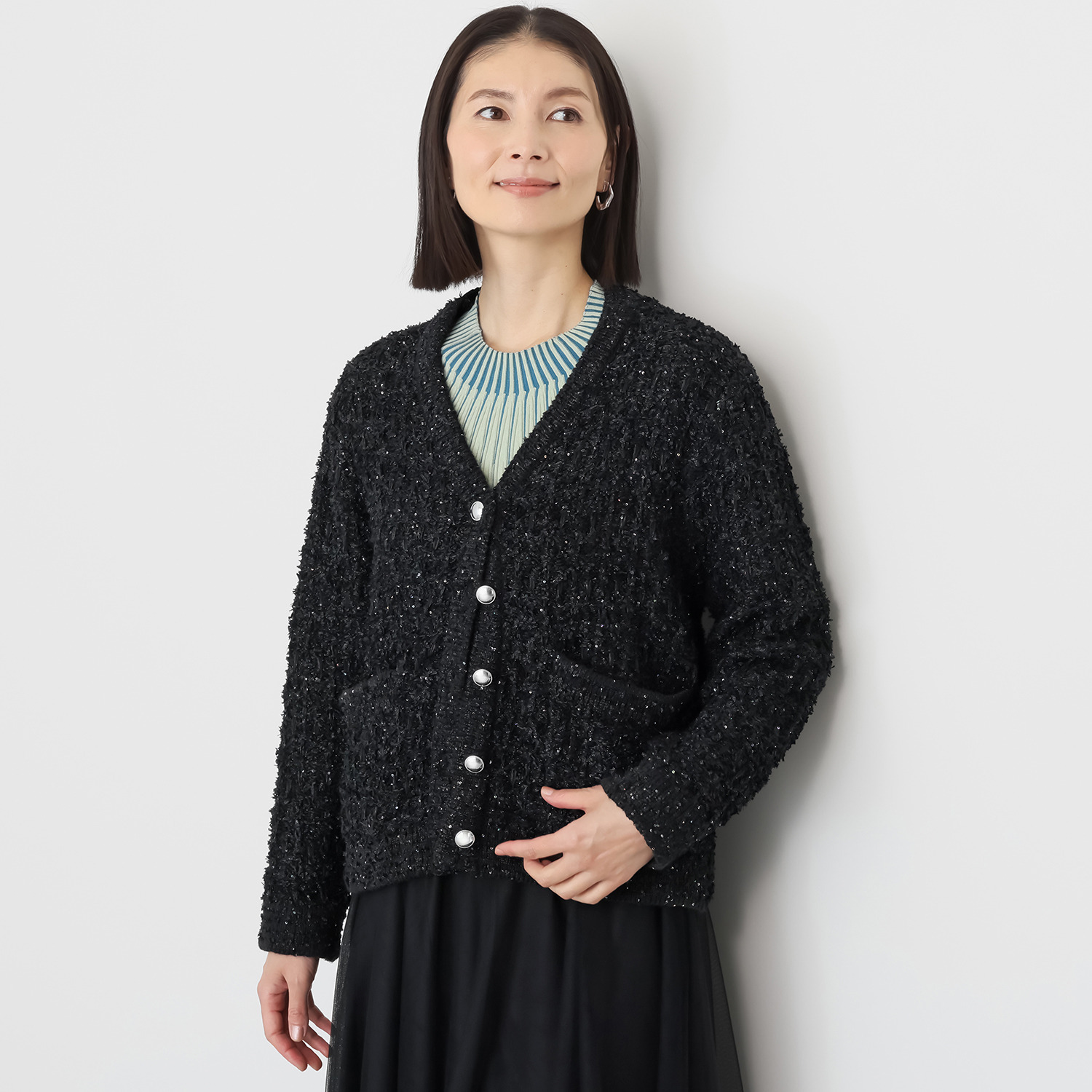 ミューリエ ジャケット見えで リッチ映え 大人のツイード ニットカーディガン