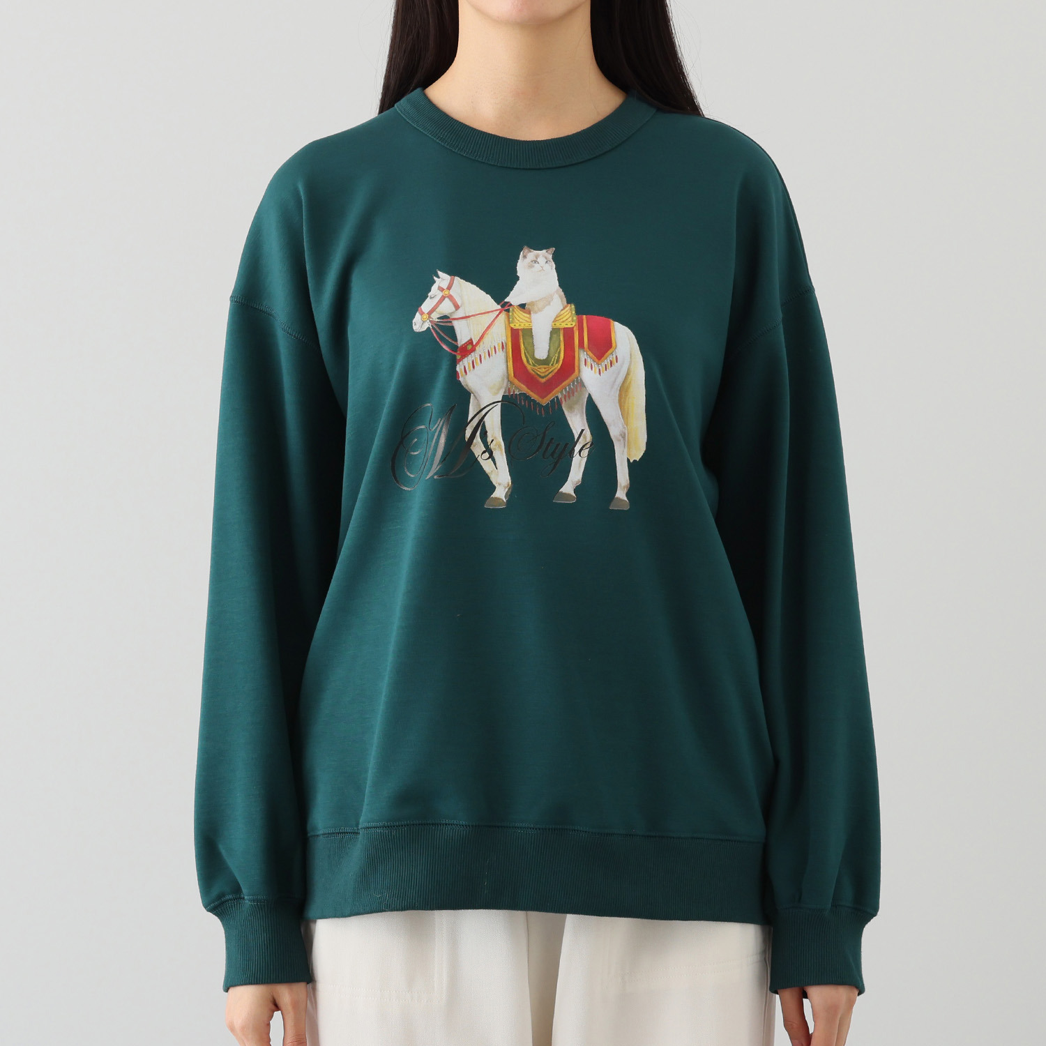 エムズ　スタイル 裏起毛ソフトジャージー 猫と馬プリントデザイン 大人のトレーナー 
