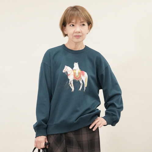 エムズ　スタイル 裏起毛ソフトジャージー 猫と馬プリントデザイン 大人のトレーナー 