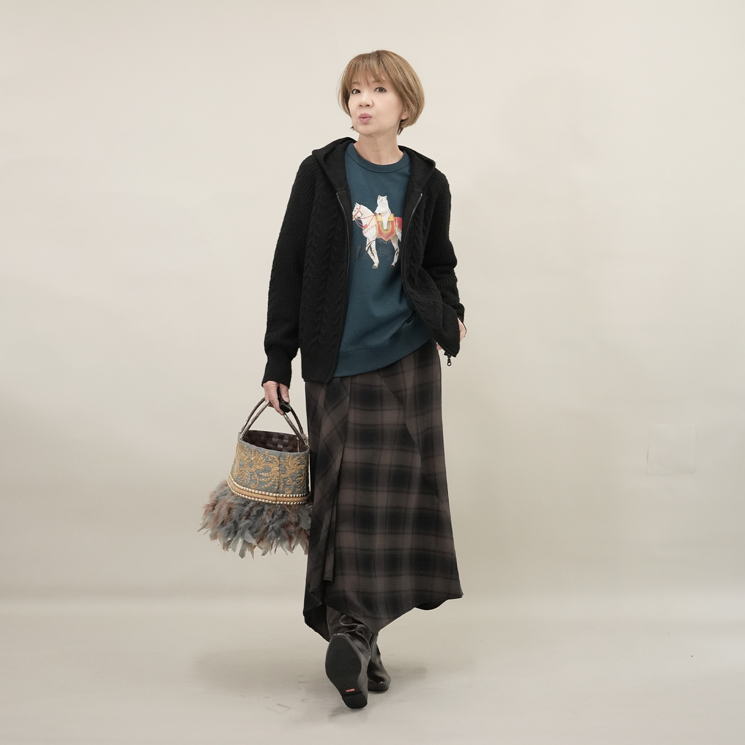 エムズ　スタイル 裏起毛ソフトジャージー 猫と馬プリントデザイン 大人のトレーナー 