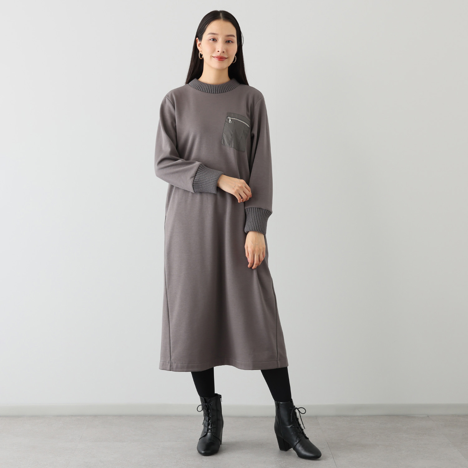 エムズ　スタイル 裏起毛ソフトジャージー 編立リブアクセント ミリタリーポケット付 ボクシーワンピース