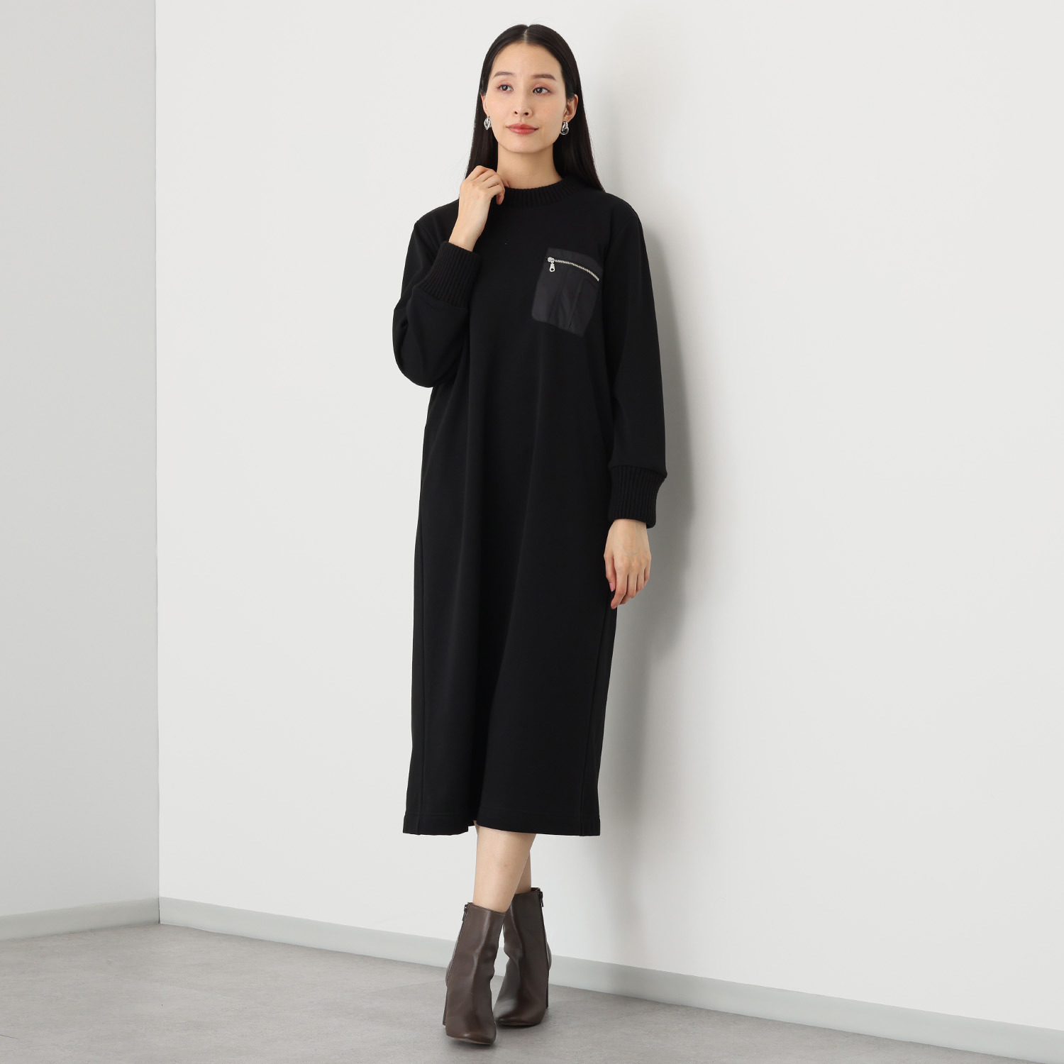 エムズ　スタイル 裏起毛ソフトジャージー 編立リブアクセント ミリタリーポケット付 ボクシーワンピース