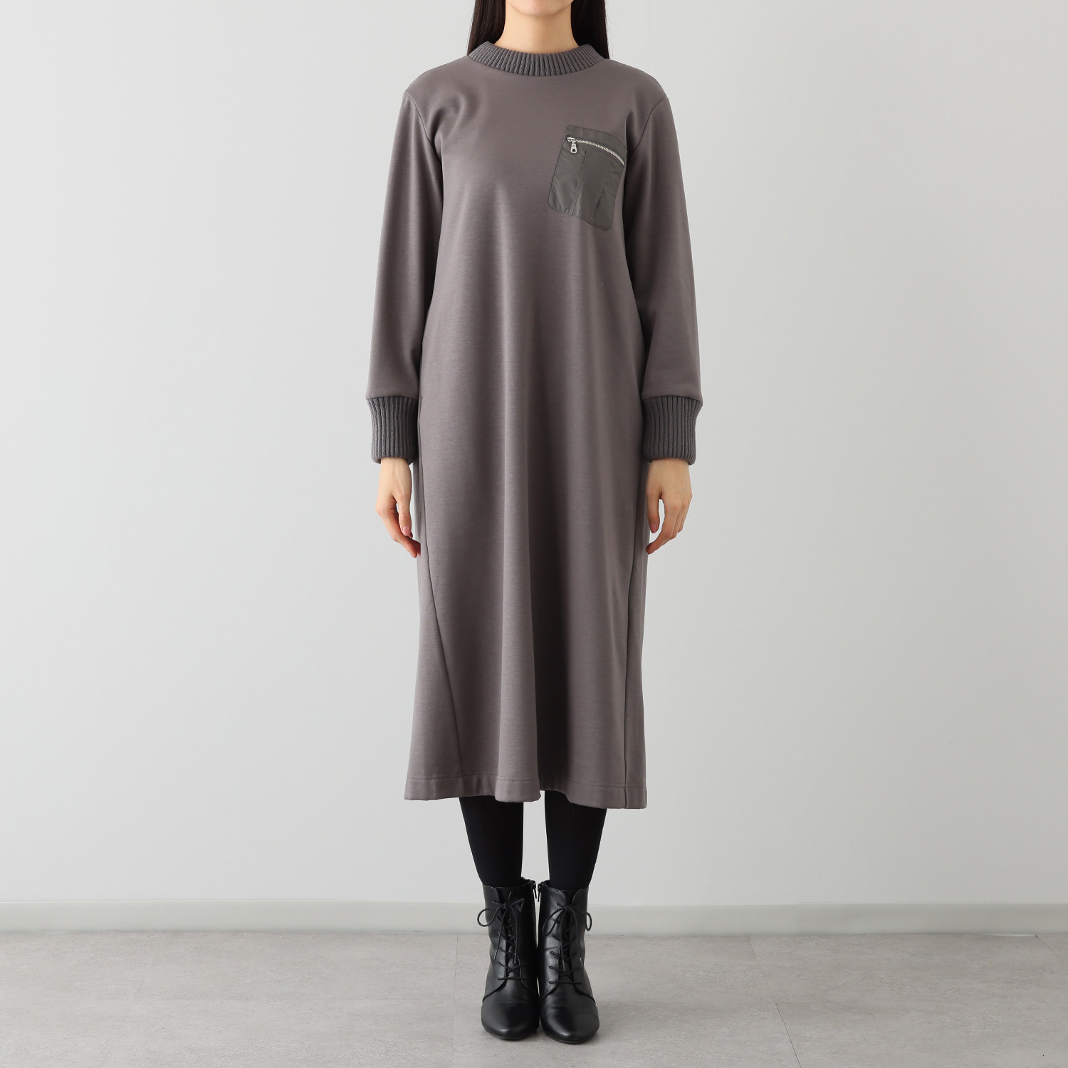 エムズ　スタイル 裏起毛ソフトジャージー 編立リブアクセント ミリタリーポケット付 ボクシーワンピース