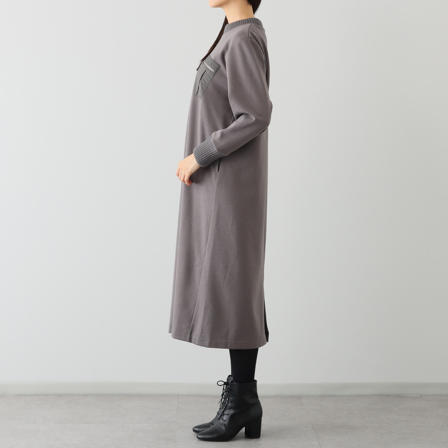 エムズ　スタイル 裏起毛ソフトジャージー 編立リブアクセント ミリタリーポケット付 ボクシーワンピース