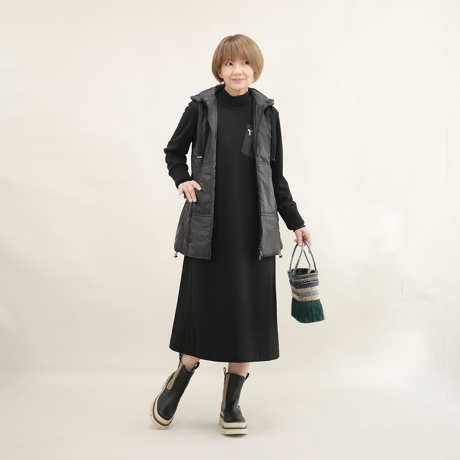 エムズ　スタイル 裏起毛ソフトジャージー 編立リブアクセント ミリタリーポケット付 ボクシーワンピース