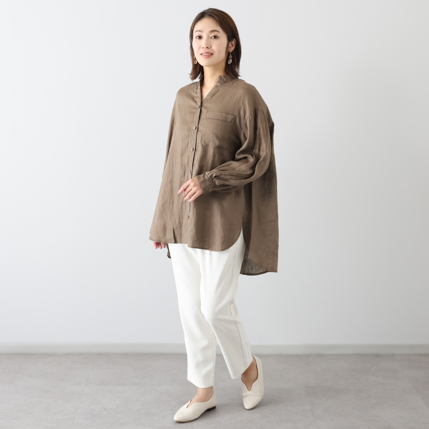 ウタオ フレンチリネン１００％ ピコ刺しゅう ボリュームスリーブ チュニック