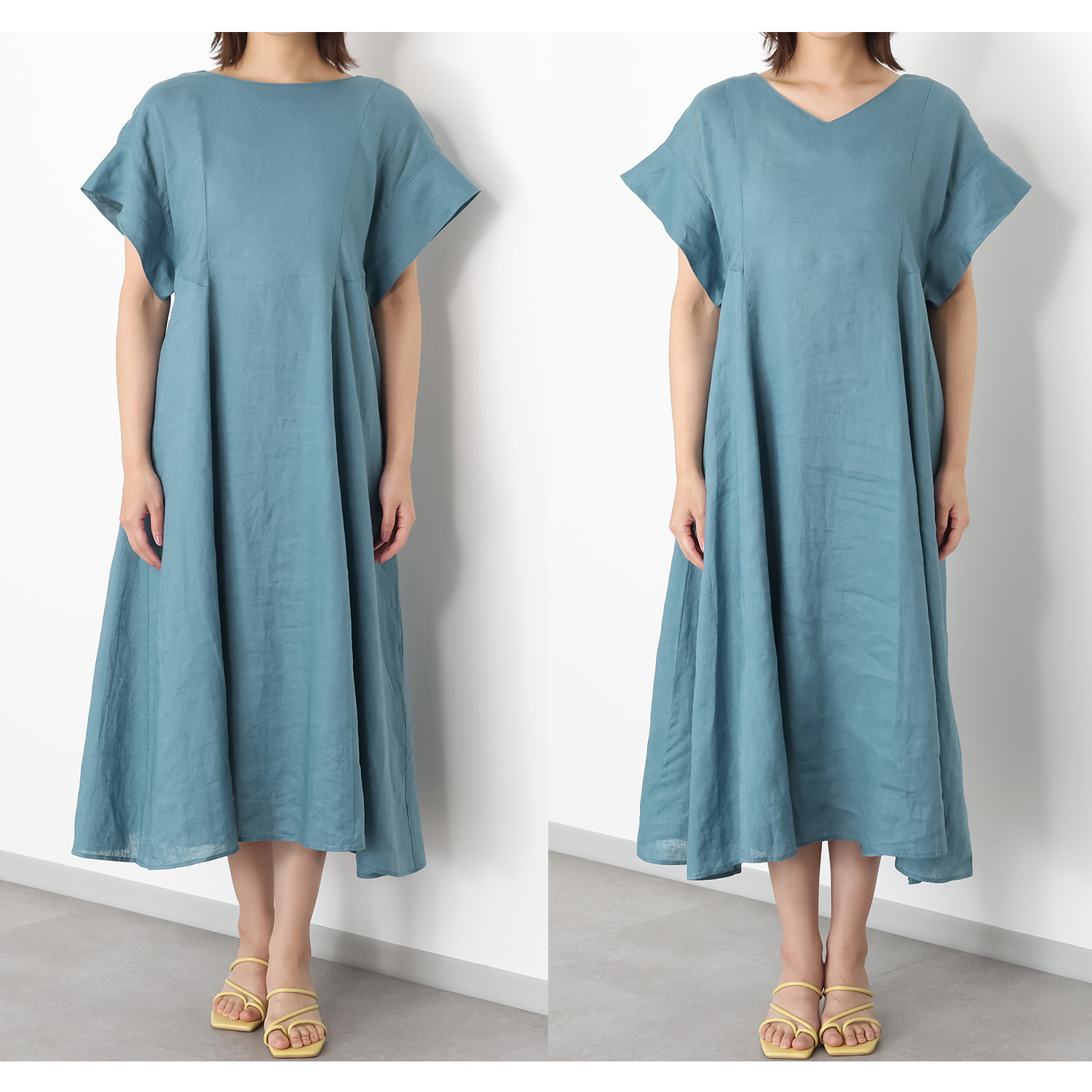 ウタオ フレンチリネン１００％ ２ウェイスリーブ マーメイドライン ロングワンピース