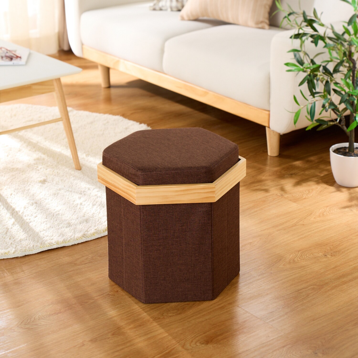 １台３役！ 収納できる北欧風スツール ＜六角形＞