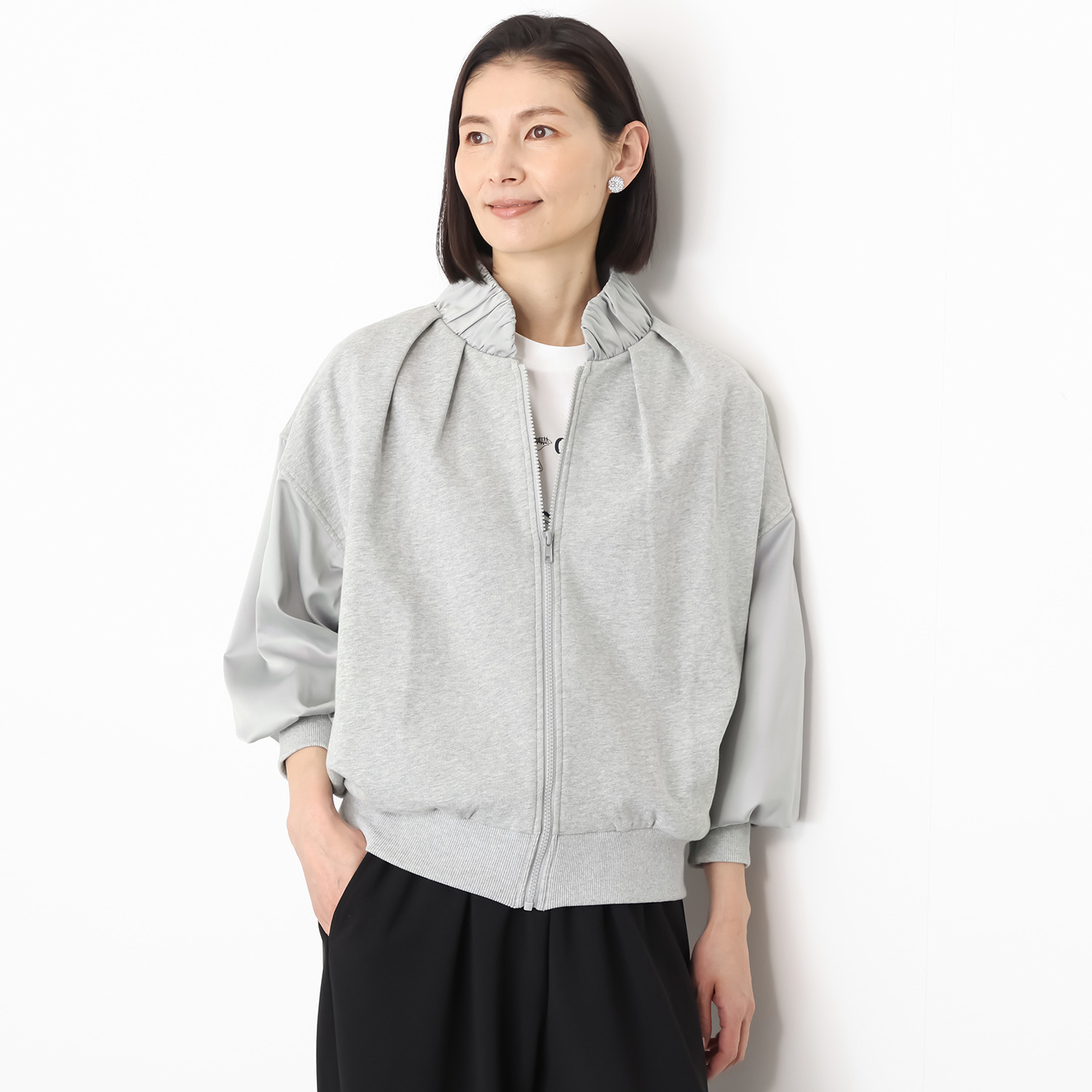 ユキコハナイ　シック 異素材コンビ エレガント見え 裏毛ブルゾン