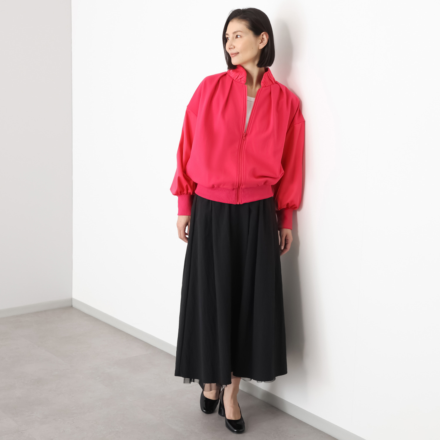 ユキコハナイ　シック 異素材コンビ エレガント見え 裏毛ブルゾン