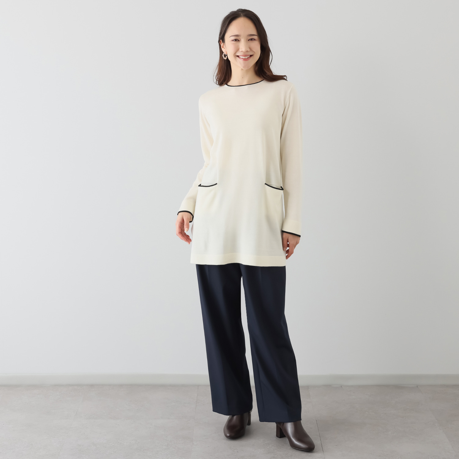 アズイズ　ビーマイセルフ バイ　ネイチャーズ ウールシルク 配色ライン チュニックプルオーバー