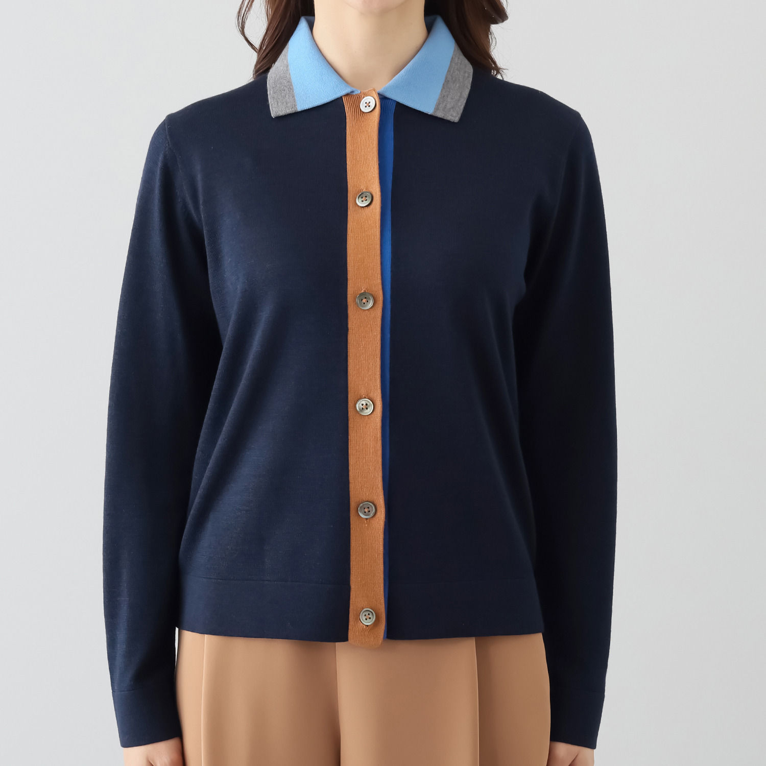 アズイズ　ビーマイセルフ バイ　ネイチャーズ ウールシルク 配色アクセント 襟付カーディガン