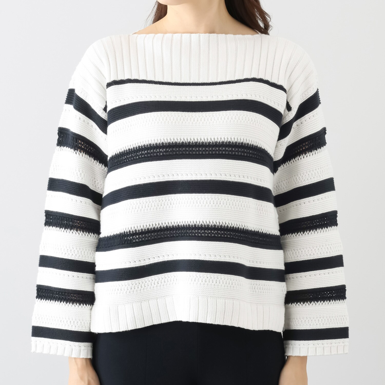 スピンブルー イタリアＭＴＢ社製 エーゲ海コットン 地柄ボーダー ボートネックプルオーバー