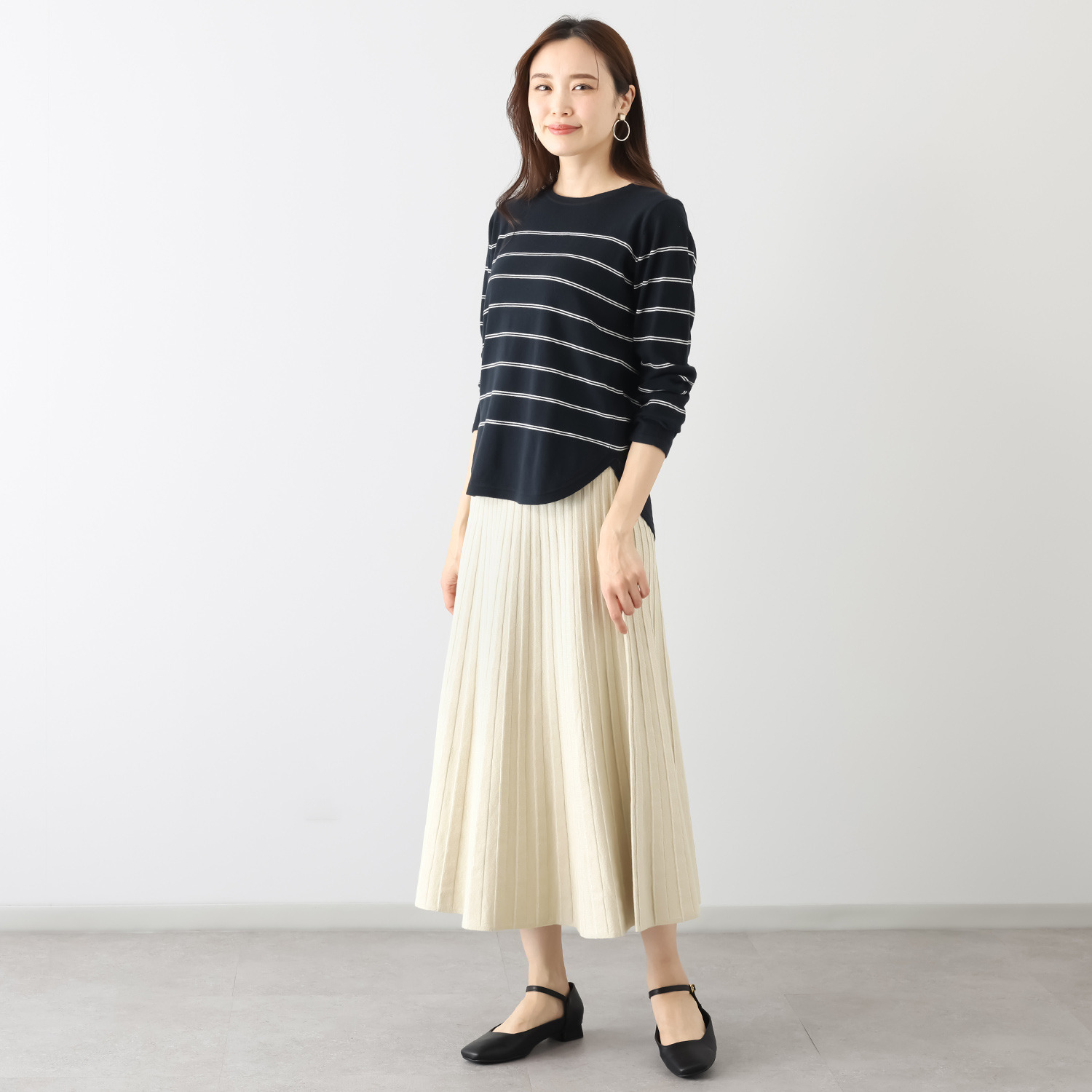スピンブルー イタリアＭＴＢ社製 エーゲ海コットン混 ストライプアクセント ニットプリーツスカート
