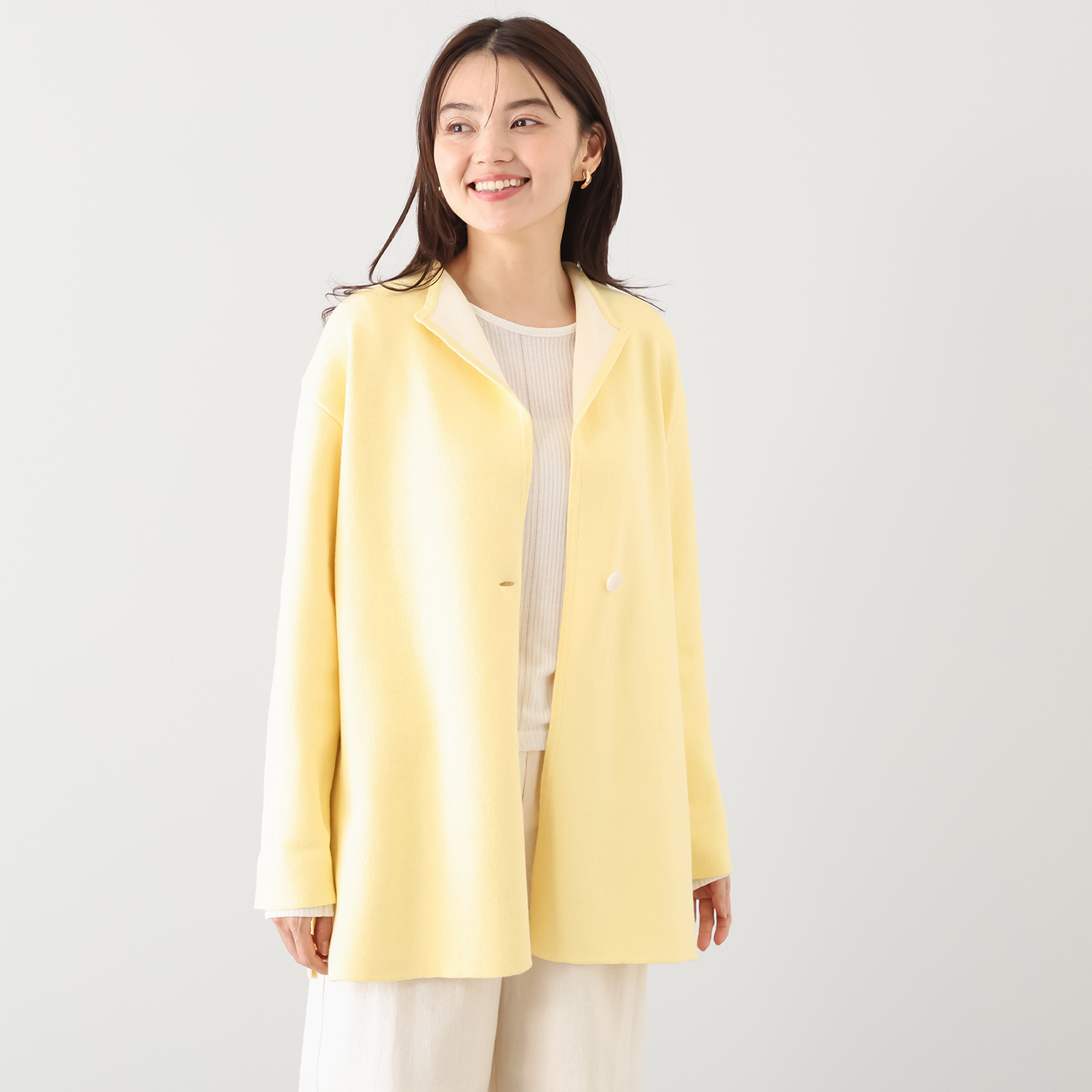 ソアージュ 上品バイカラーで魅せる 軽やかな着心地 ダブルフェイス ニットコーディガン