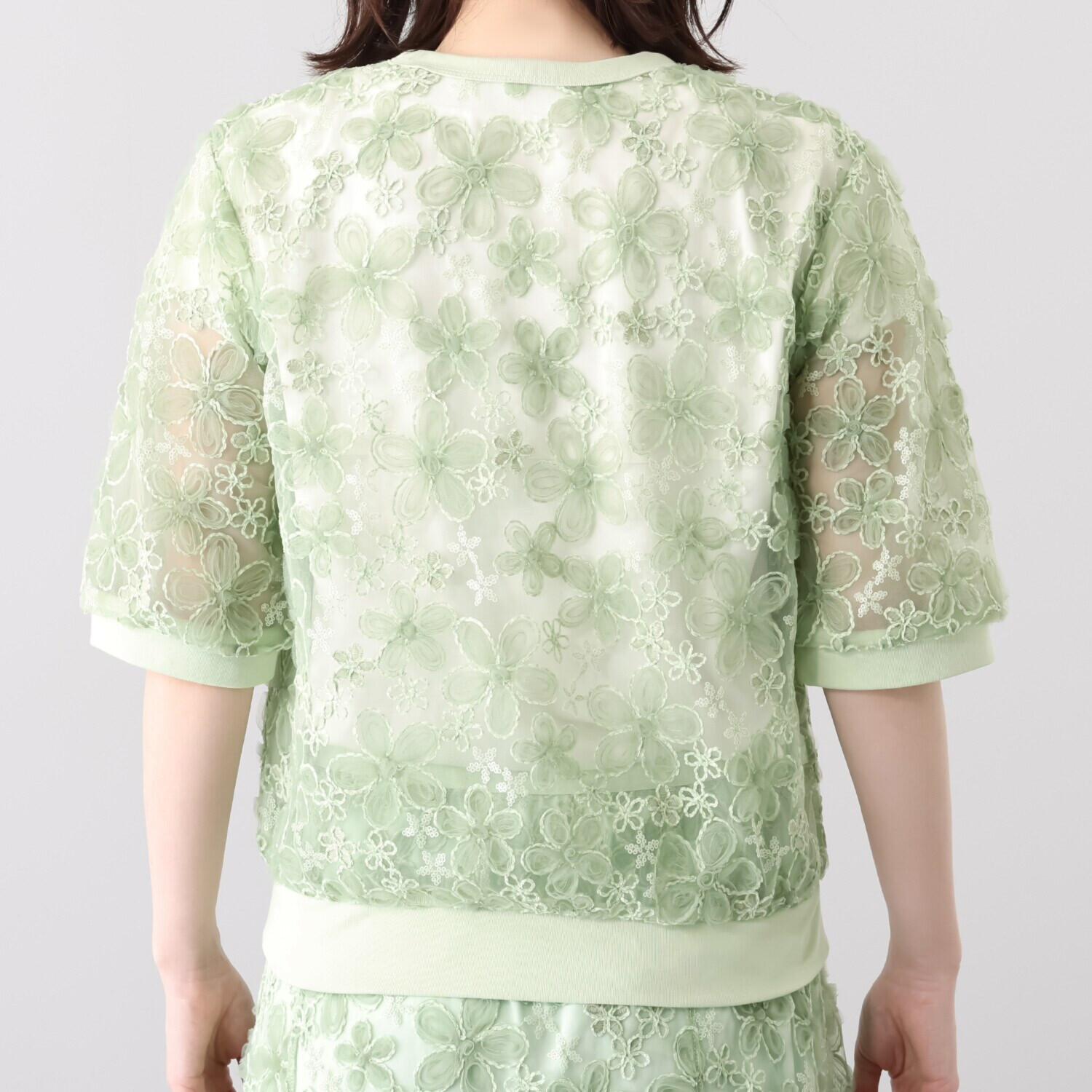 ルクオーレ スパンコールアクセント 立体チュール＆ モール刺しゅう 総レースカーディガン