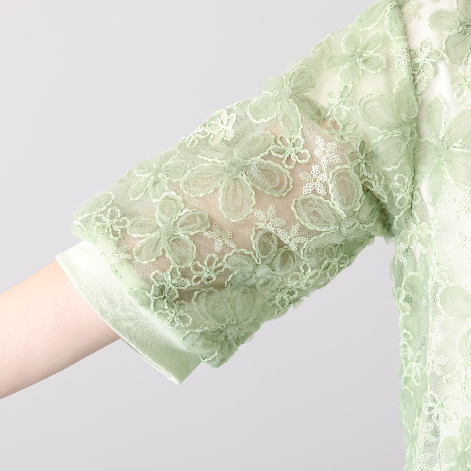 ルクオーレ スパンコールアクセント 立体チュール＆ モール刺しゅう 総レースカーディガン