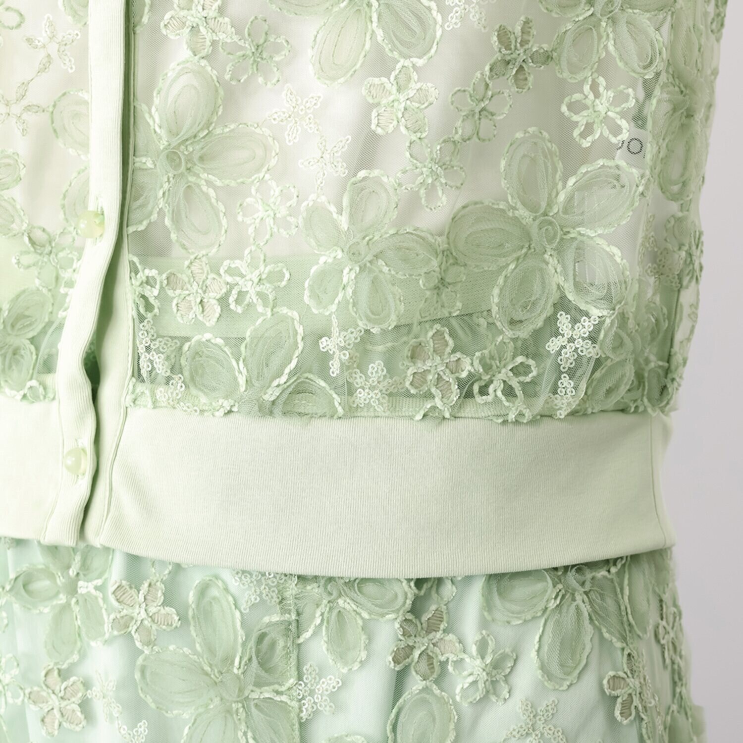 ルクオーレ スパンコールアクセント 立体チュール＆ モール刺しゅう 総レースカーディガン