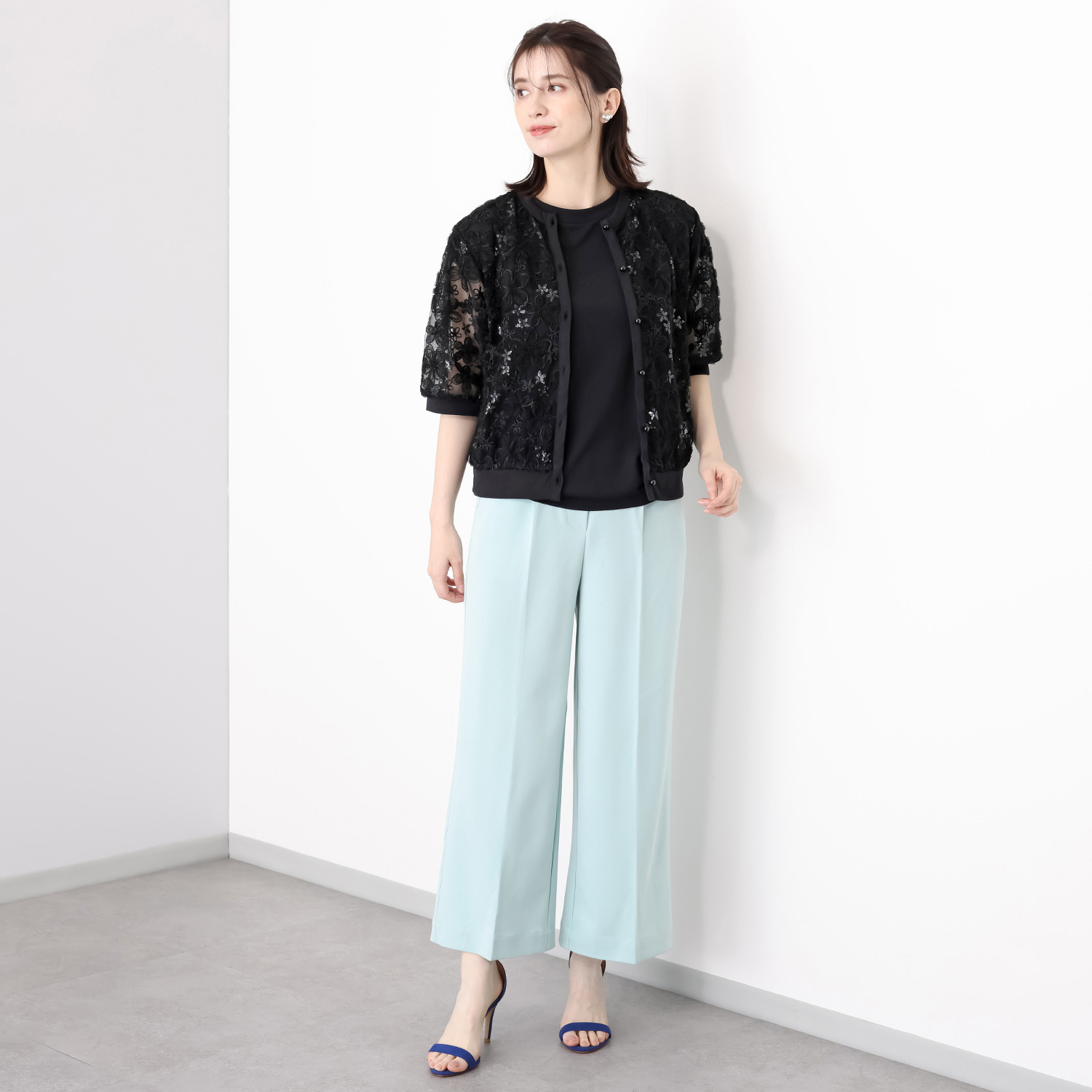 ルクオーレ スパンコールアクセント 立体チュール＆ モール刺しゅう 総レースカーディガン