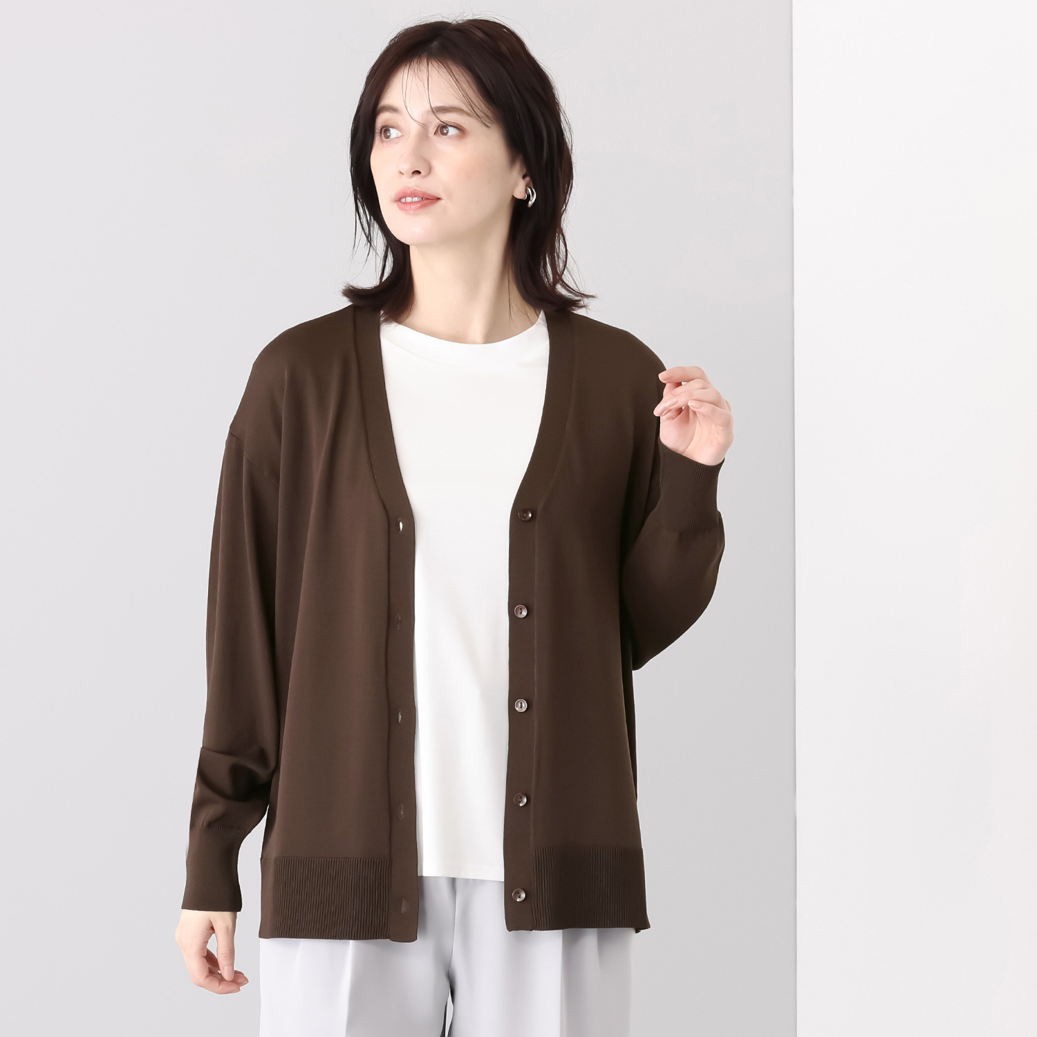 ルクオーレ 天竺ニット きれい見え Ｖネックカーディガン