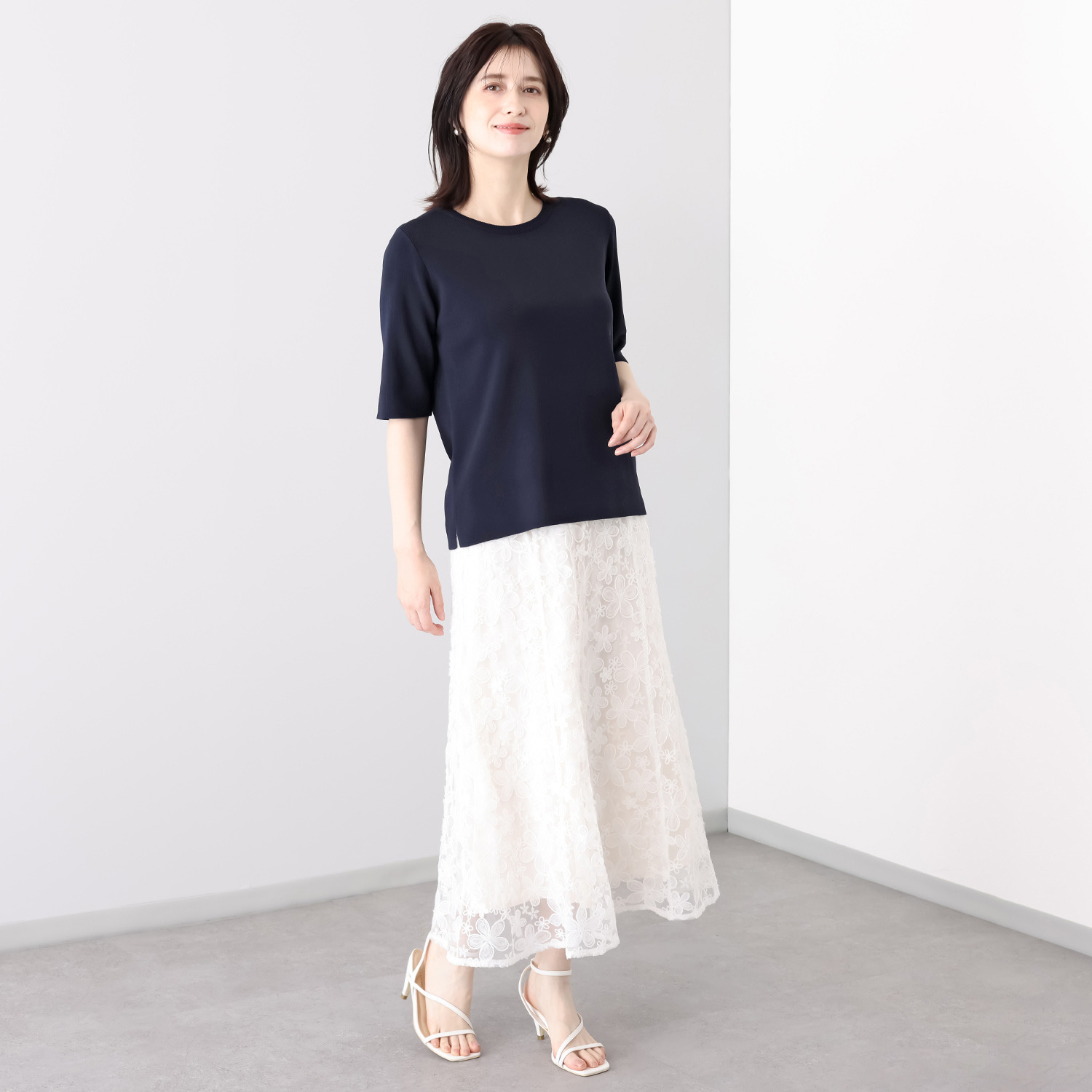 ルクオーレ 総針ニット きれい見え 五分袖プルオーバー