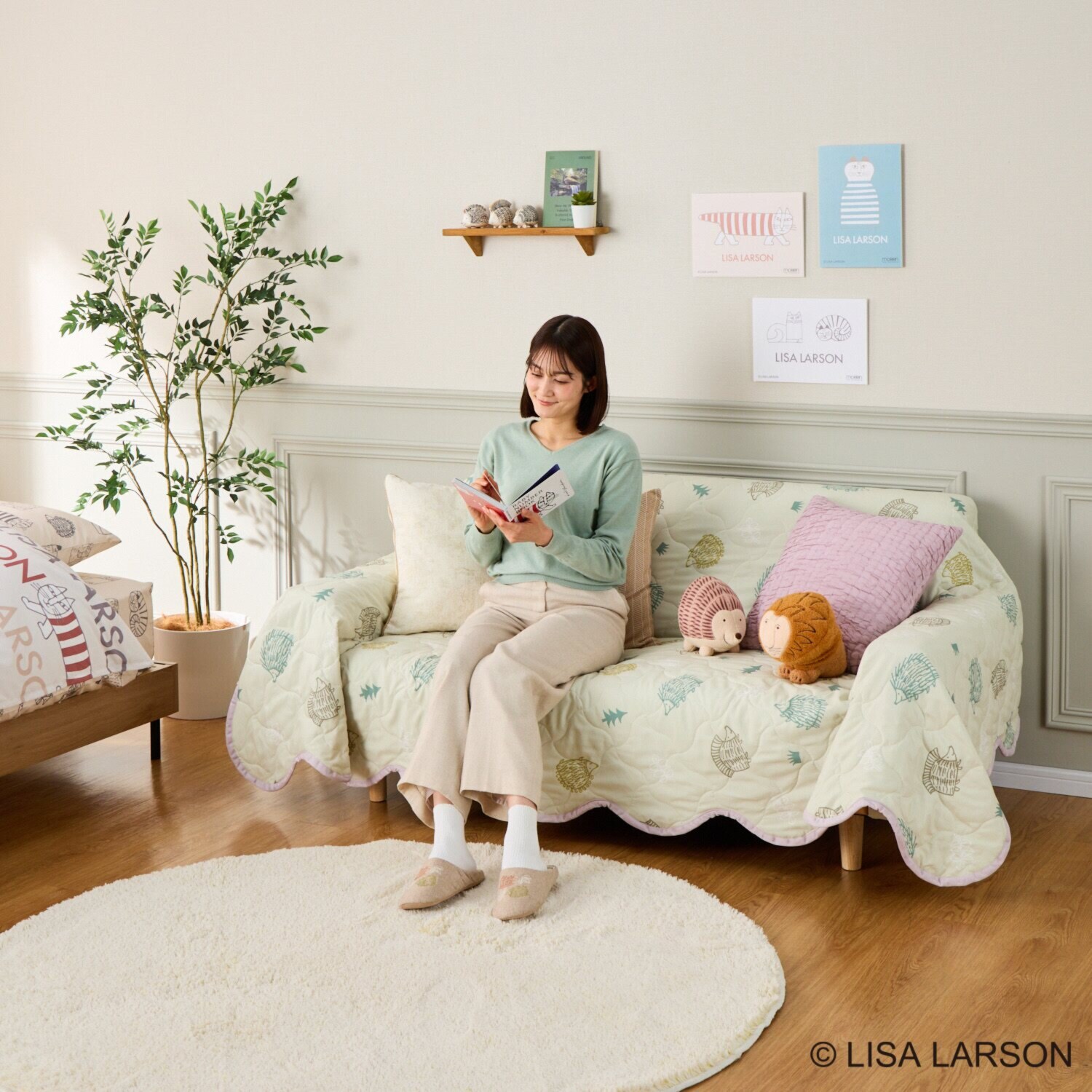 リサ・ラーソン 猫とハリネズミ リバーシブル マルチキルトカバー ＜１９０×２４０ｃｍ＞