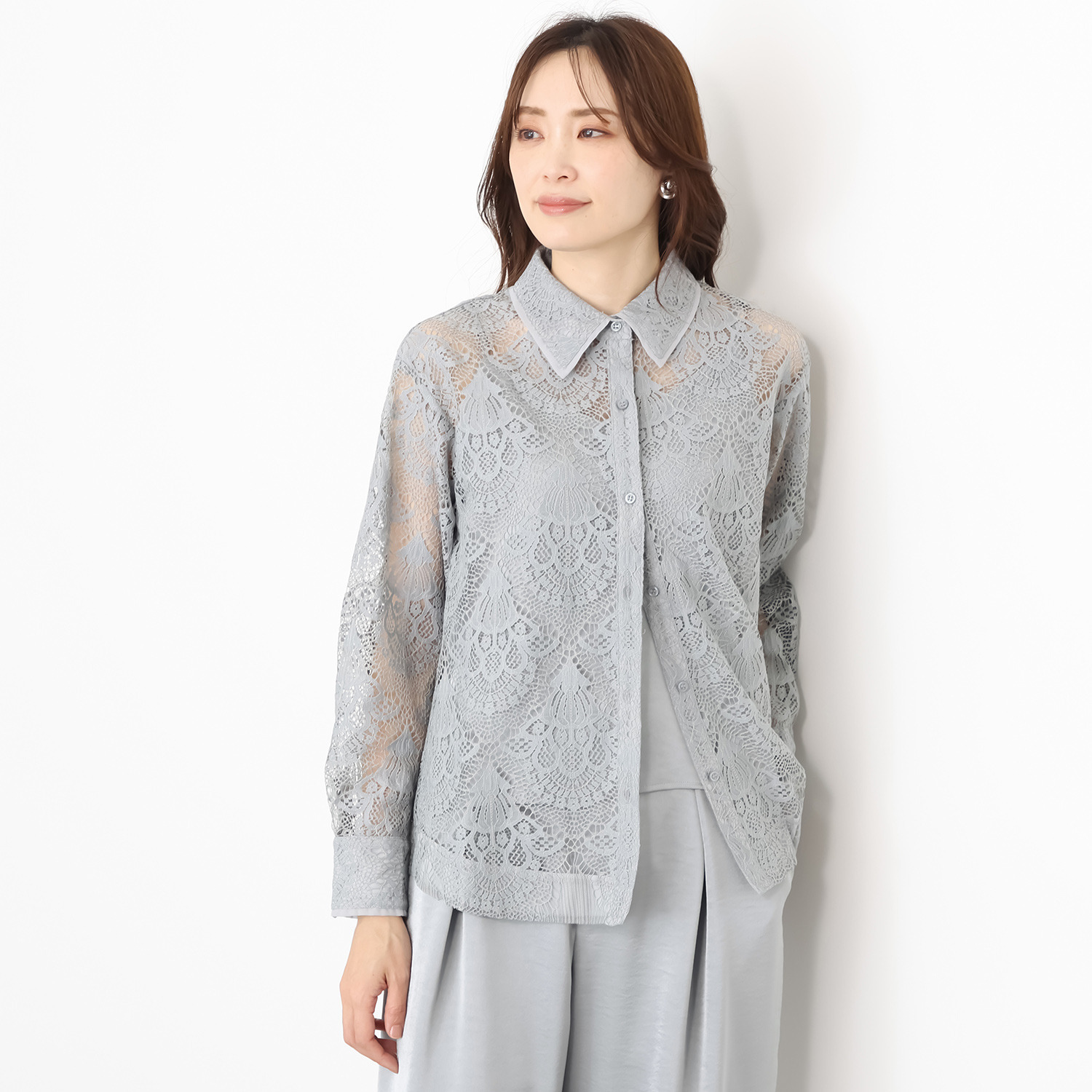 アンドスピカ キャミソール付 レースシャツブラウス