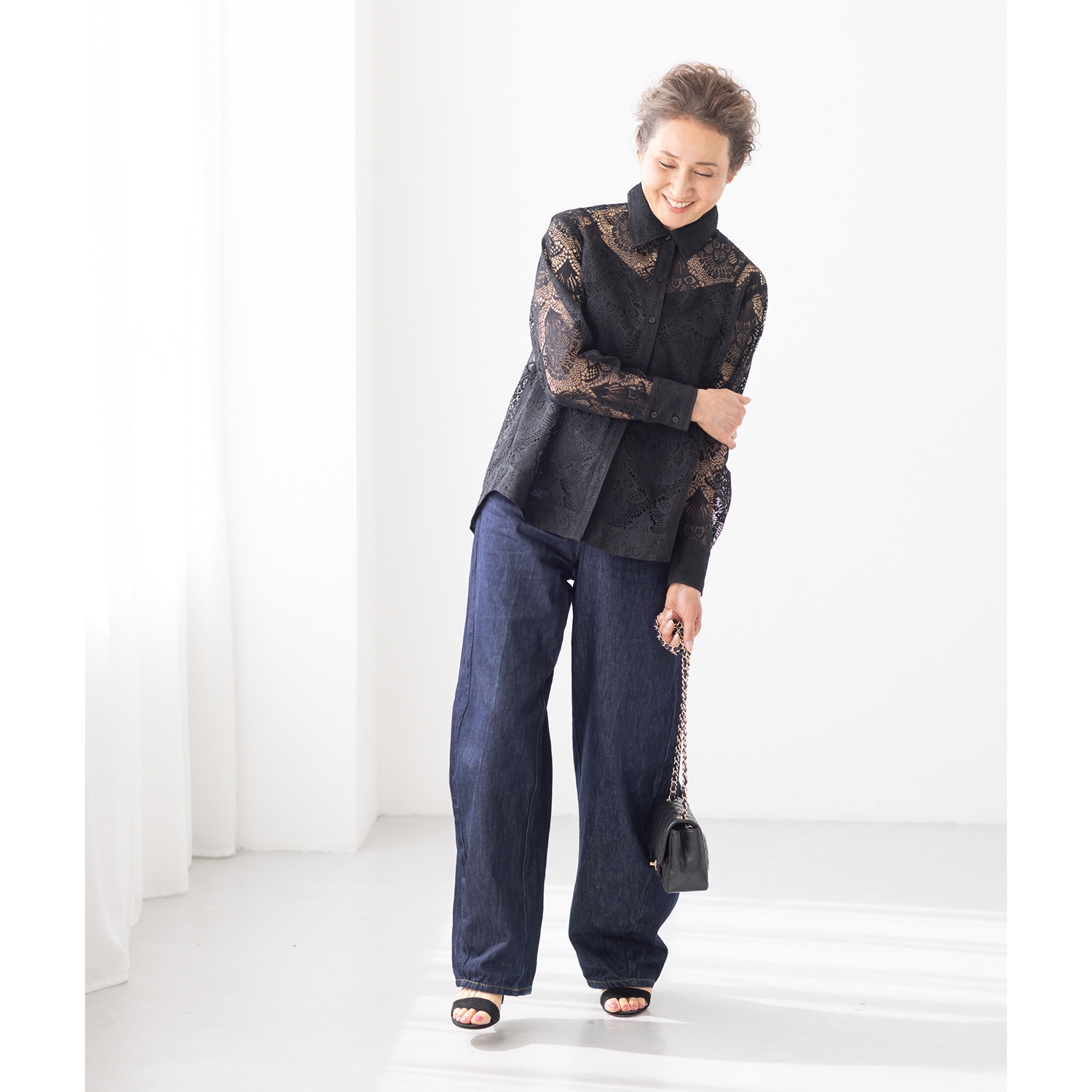 アンドスピカ キャミソール付 レースシャツブラウス