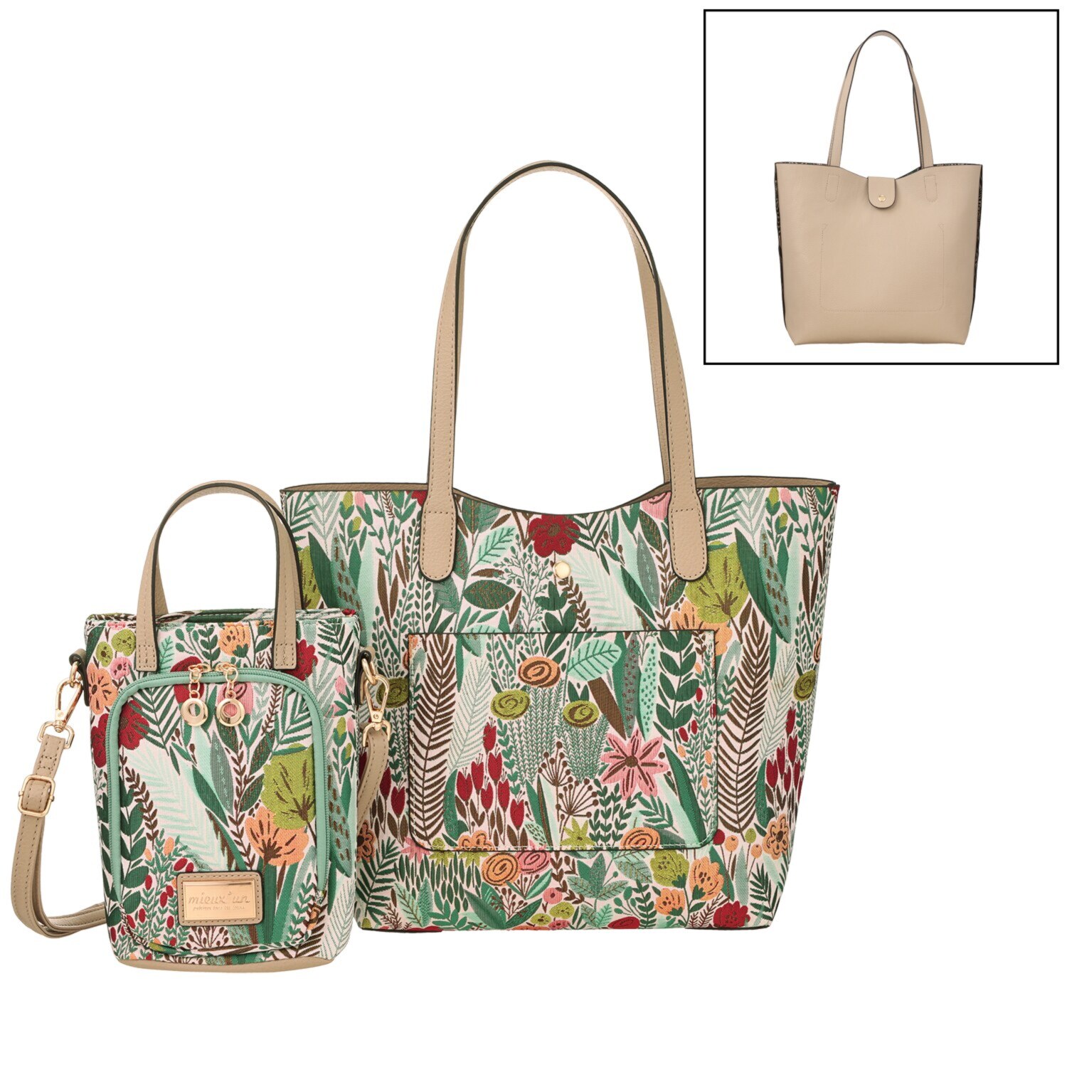 ラルジュ ボタニカルジャガード リバーシブル トートバッグ＆ ２ウェイショルダーバッグ ２点セット