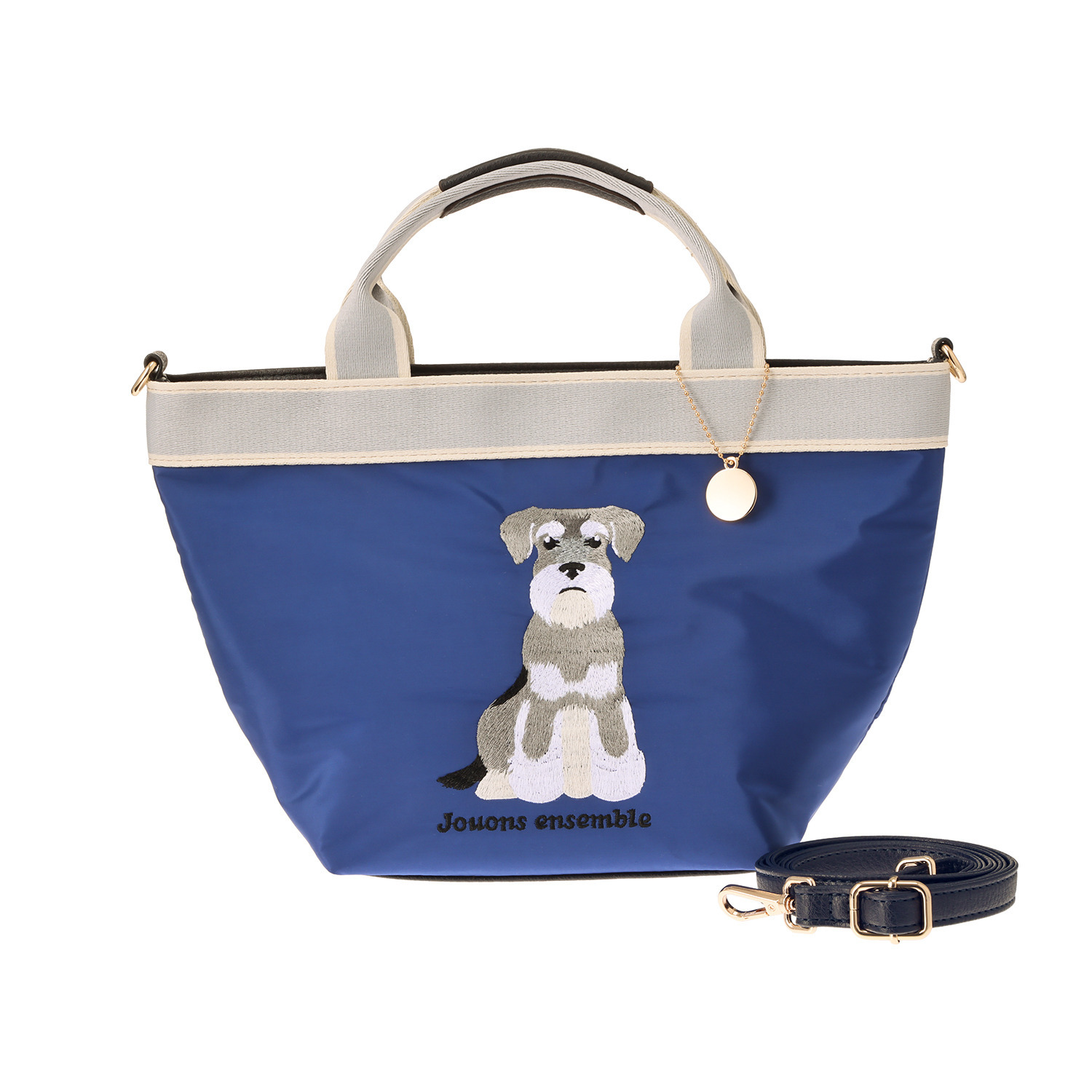 ラルジュ プレートチャーム付 テープアクセント 刺しゅう ２ウェイ舟形トートバッグ