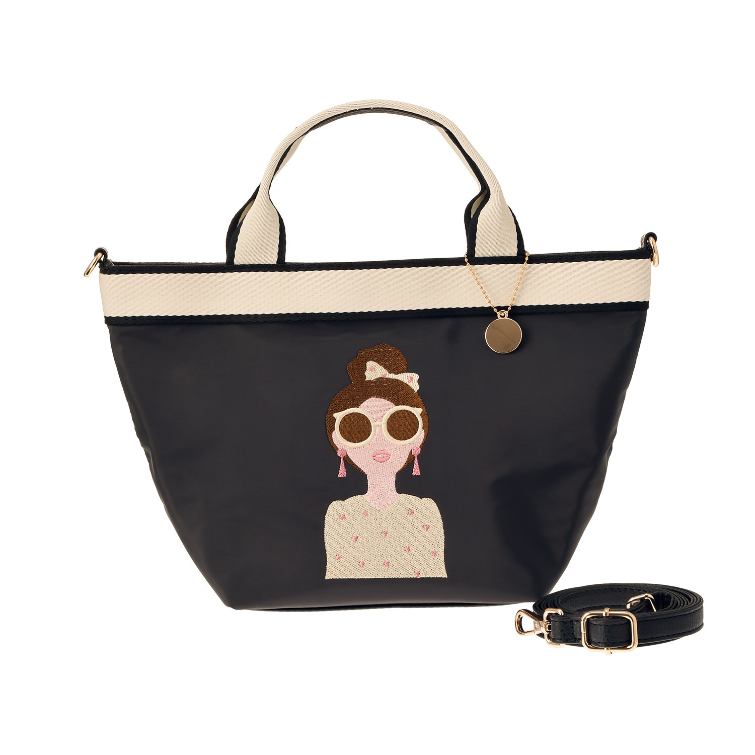 ラルジュ プレートチャーム付 テープアクセント 刺しゅう ２ウェイ舟形トートバッグ