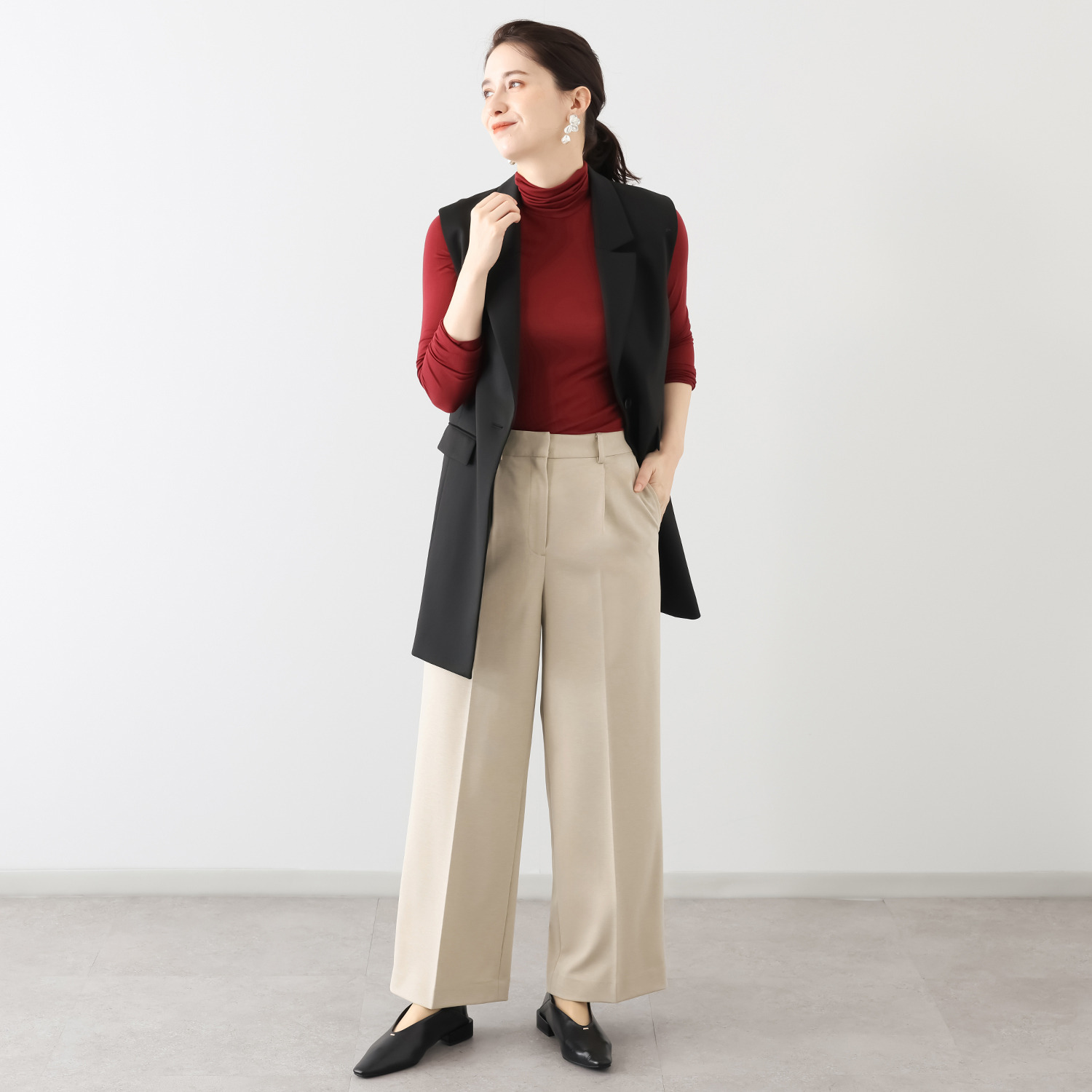 ポルトゥヴィーダ ウォッシャブル・はっ水 防汚・ニット素材 ストレートワイドパンツ