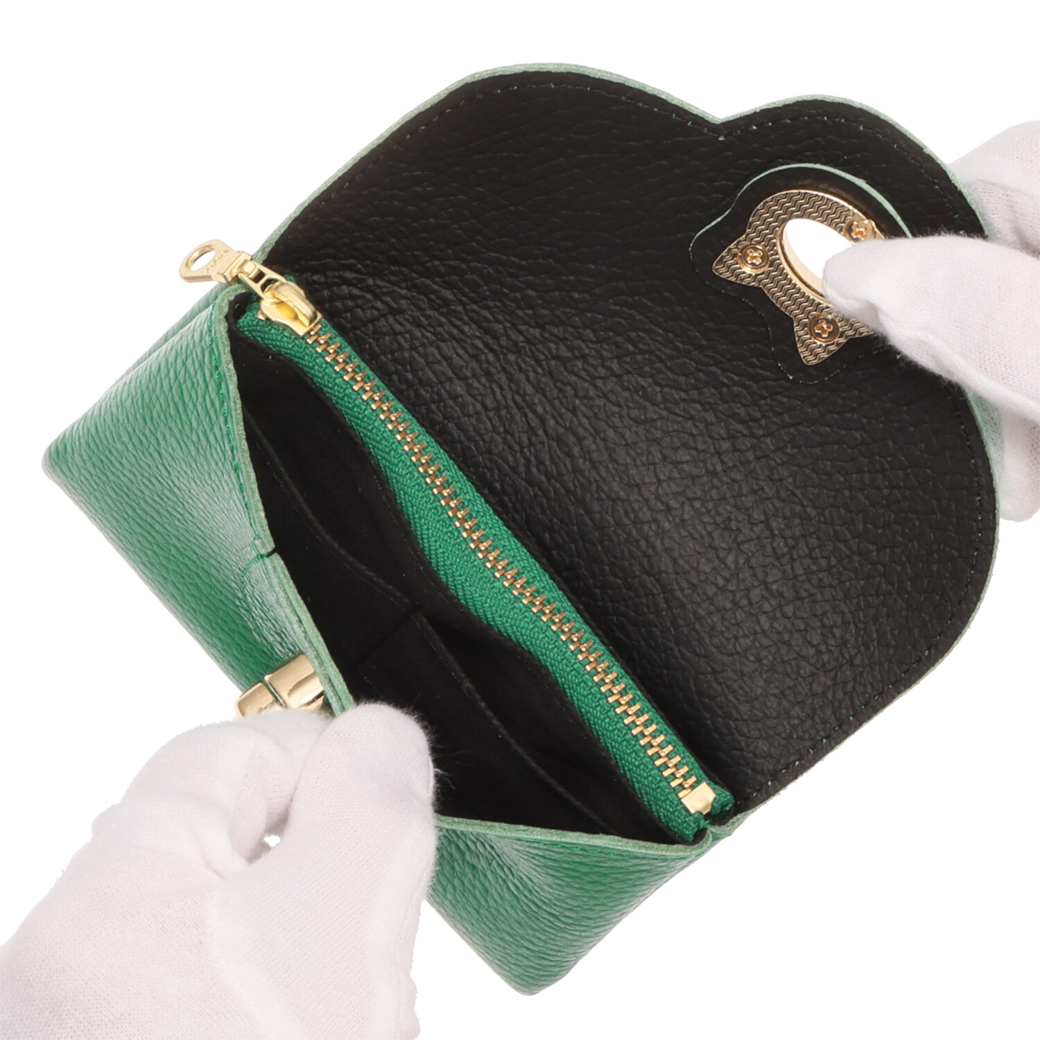 ズッケロ ＬＷＧ認証　ポレット社 ダブルフェイス イタリアンレザー ねこモティーフ金具 ショートウォレット