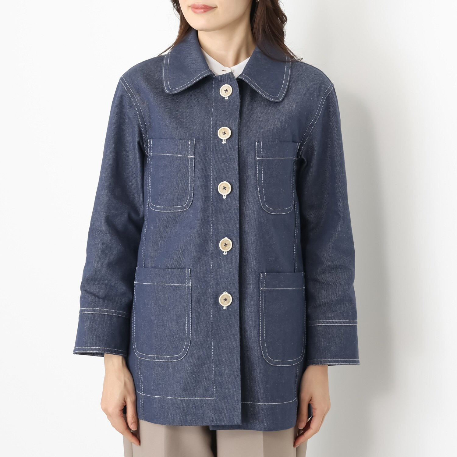 ジュンコ　シマダ 配色ステッチ デニムハーフコート