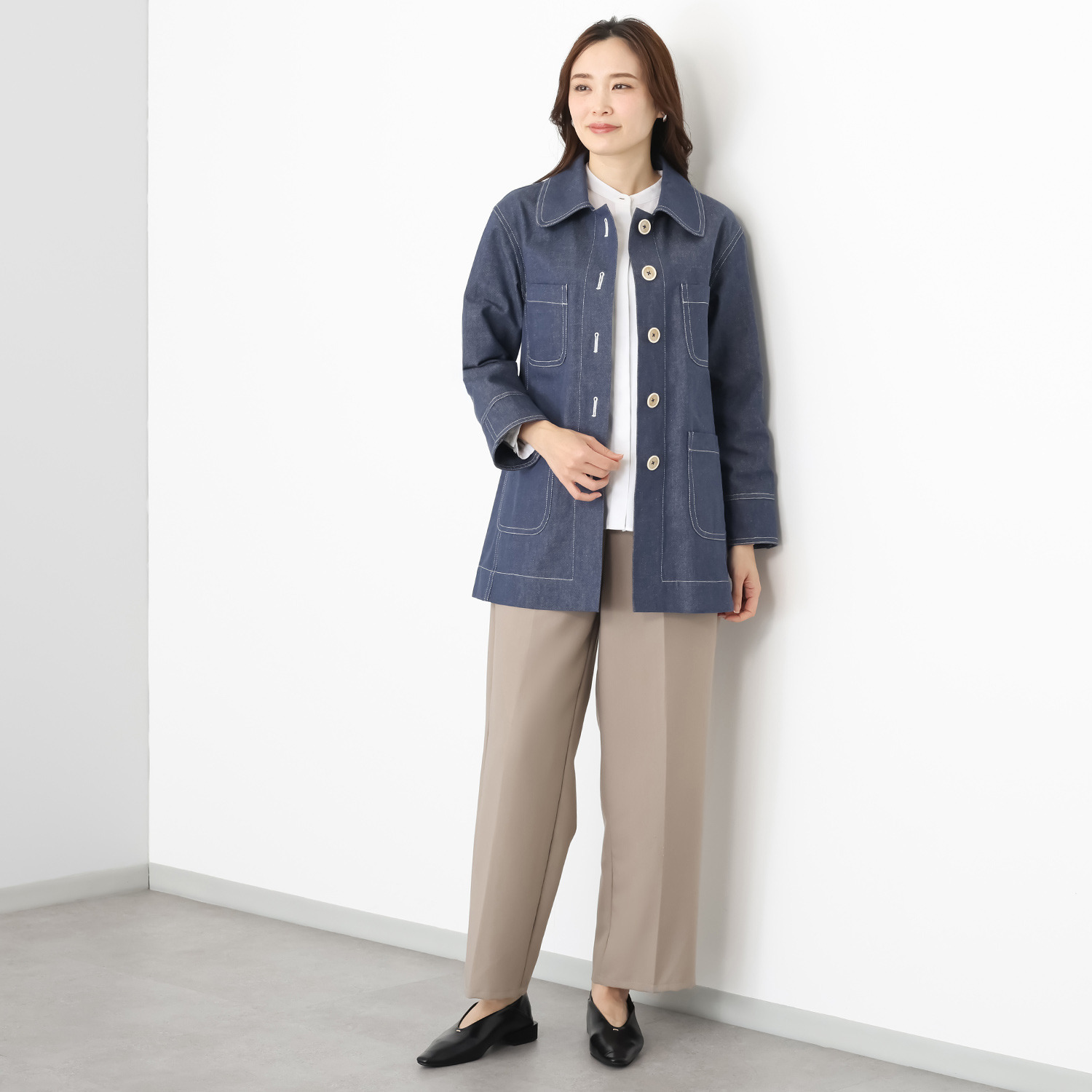 ジュンコ　シマダ 配色ステッチ デニムハーフコート