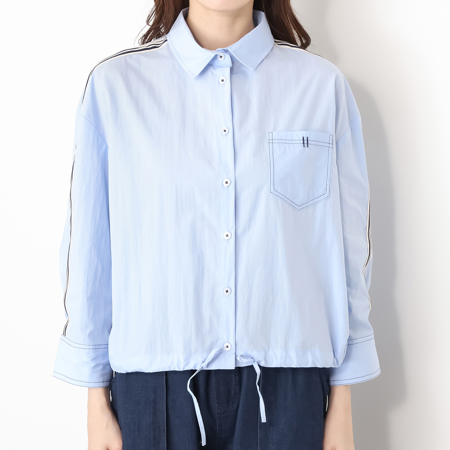 スタイル・ラヴィー ラインテープ＆ ポケットステッチ アクセント ドローストリングシャツ