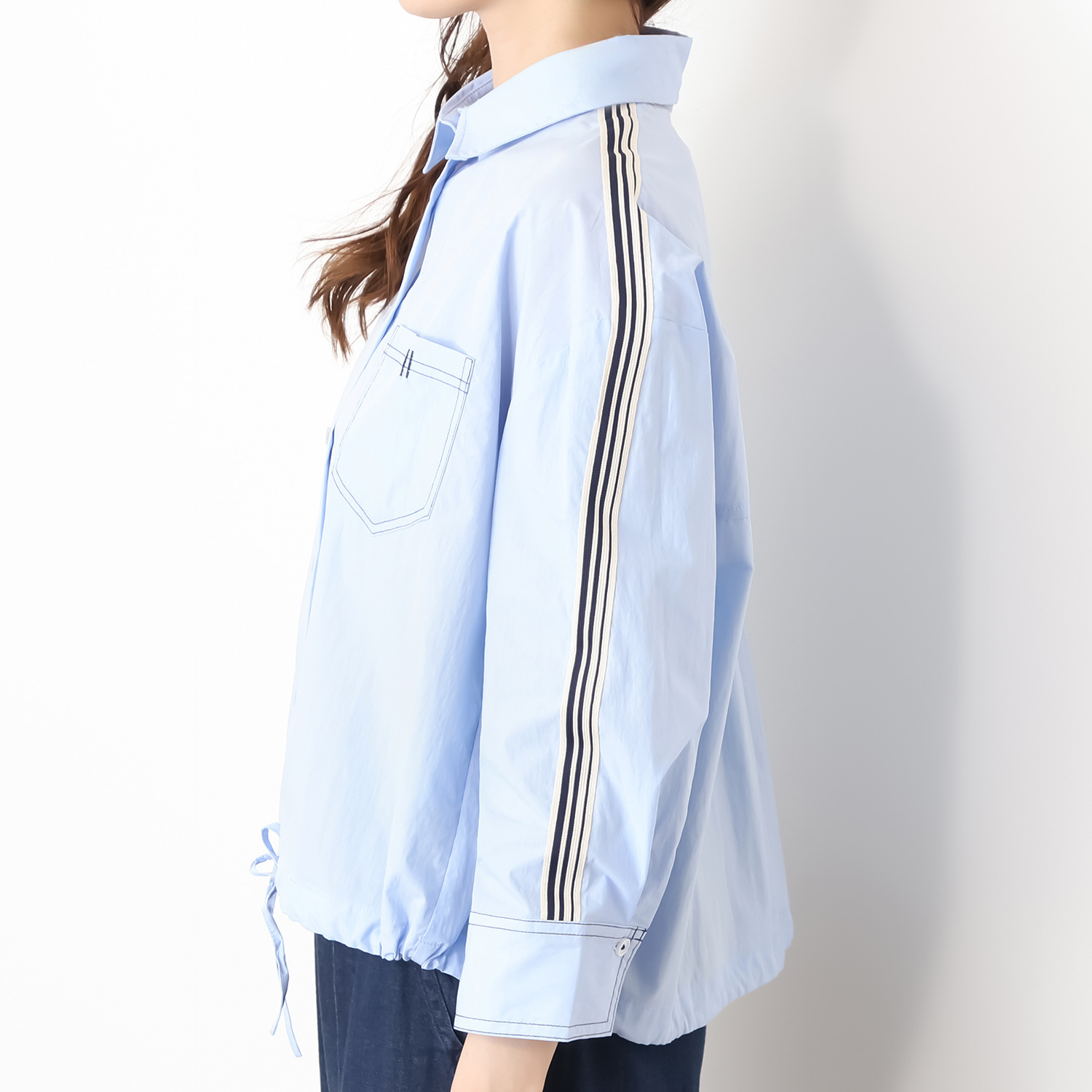スタイル・ラヴィー ラインテープ＆ ポケットステッチ アクセント ドローストリングシャツ