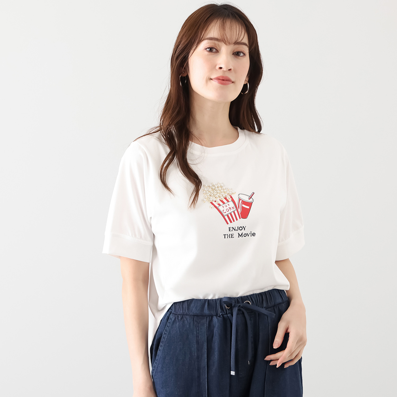 スタイル・ラヴィー プリント＆ パール風ビジュウ アクセント 五分袖プルオーバー