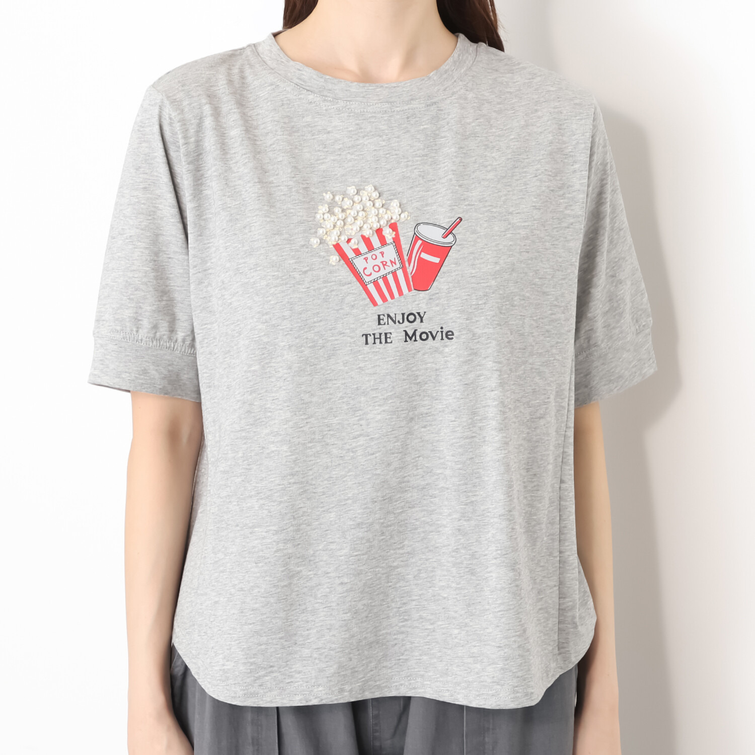 スタイル・ラヴィー プリント＆ パール風ビジュウ アクセント 五分袖プルオーバー