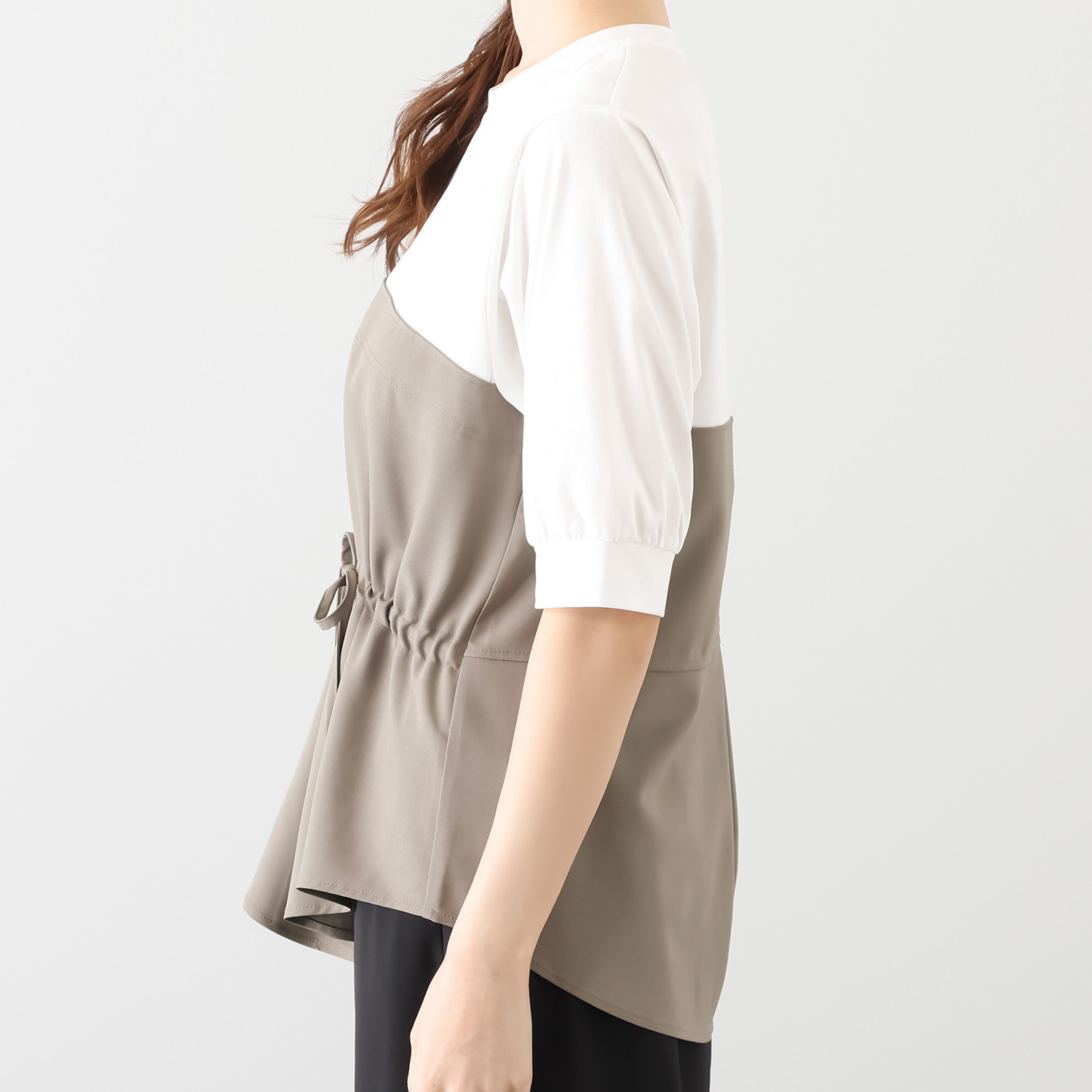 スタイル・ラヴィー 異素材ミックス ドッキングビスチェ 五分袖プルオーバー