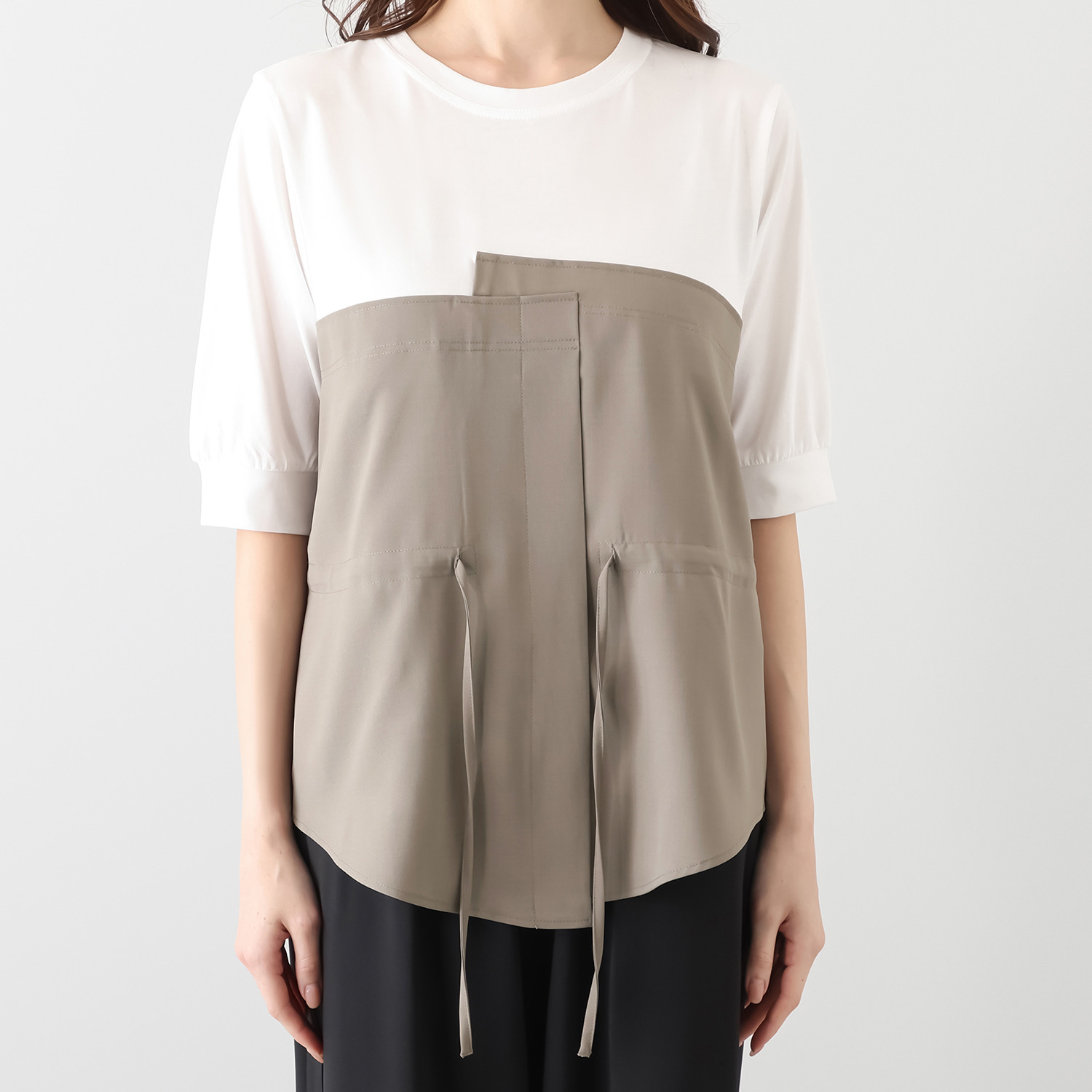 スタイル・ラヴィー 異素材ミックス ドッキングビスチェ 五分袖プルオーバー