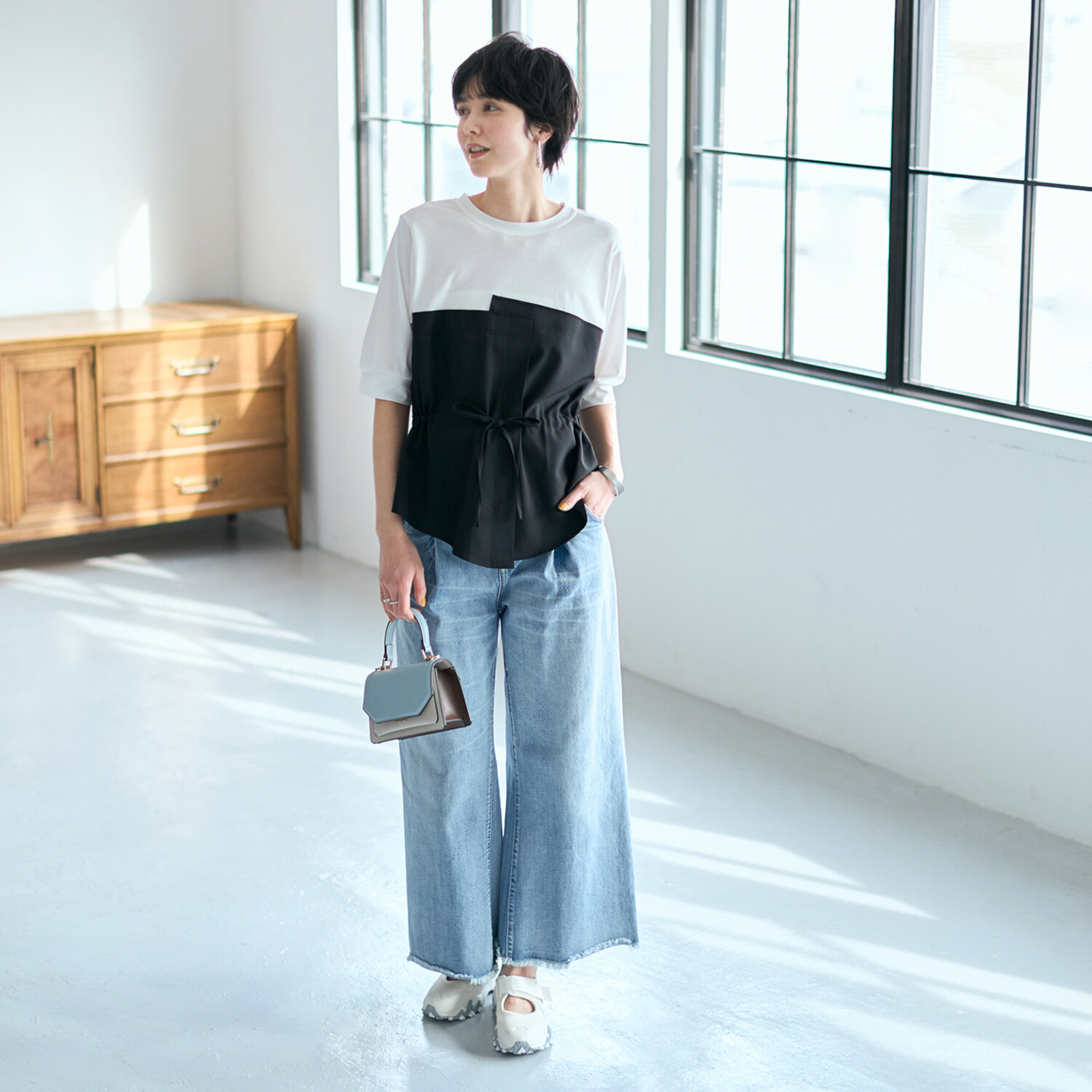 スタイル・ラヴィー 異素材ミックス ドッキングビスチェ 五分袖プルオーバー