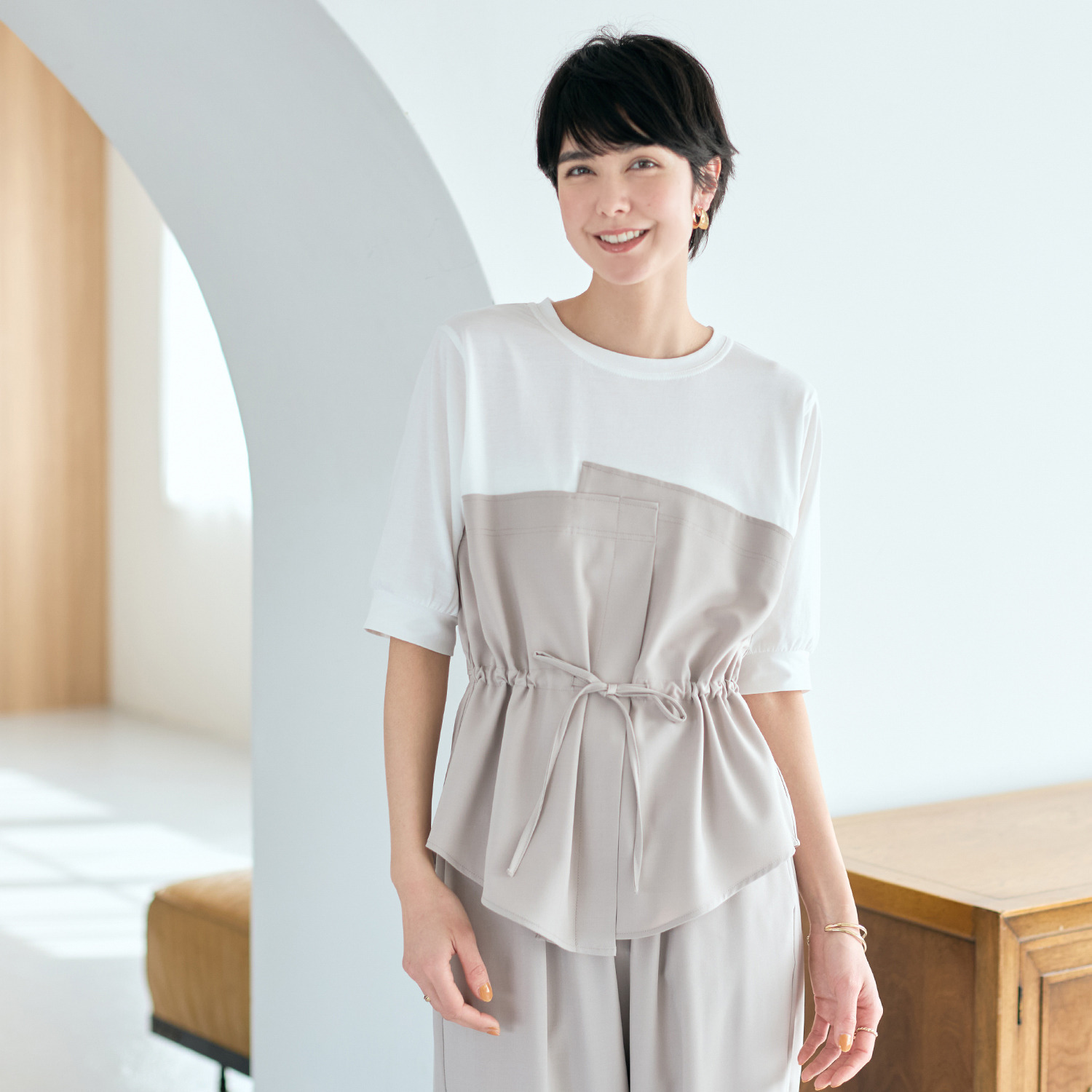 スタイル・ラヴィー 異素材ミックス ドッキングビスチェ 五分袖プルオーバー