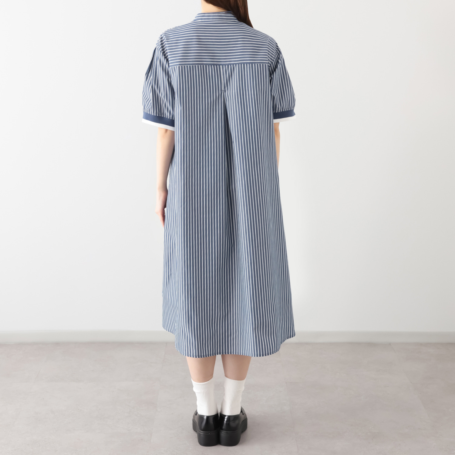 スタイル・ラヴィー 袖リブバイカラー＆ 切替アクセント オリジナルストライプ バンドカラーワンピース