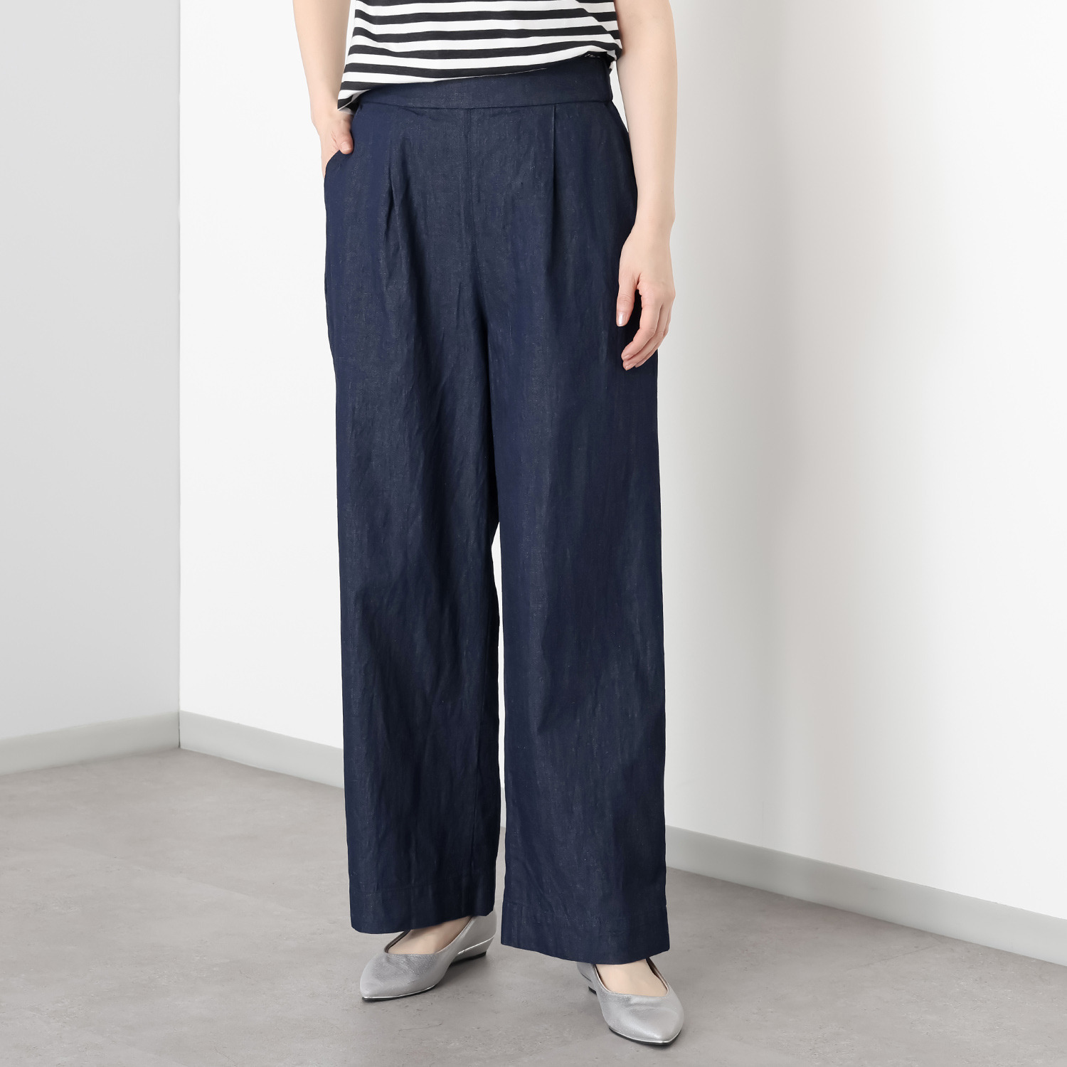 元町ゼラール フランス産リネン使用 ライトオンスデニム きれいめワイドストレート パンツ