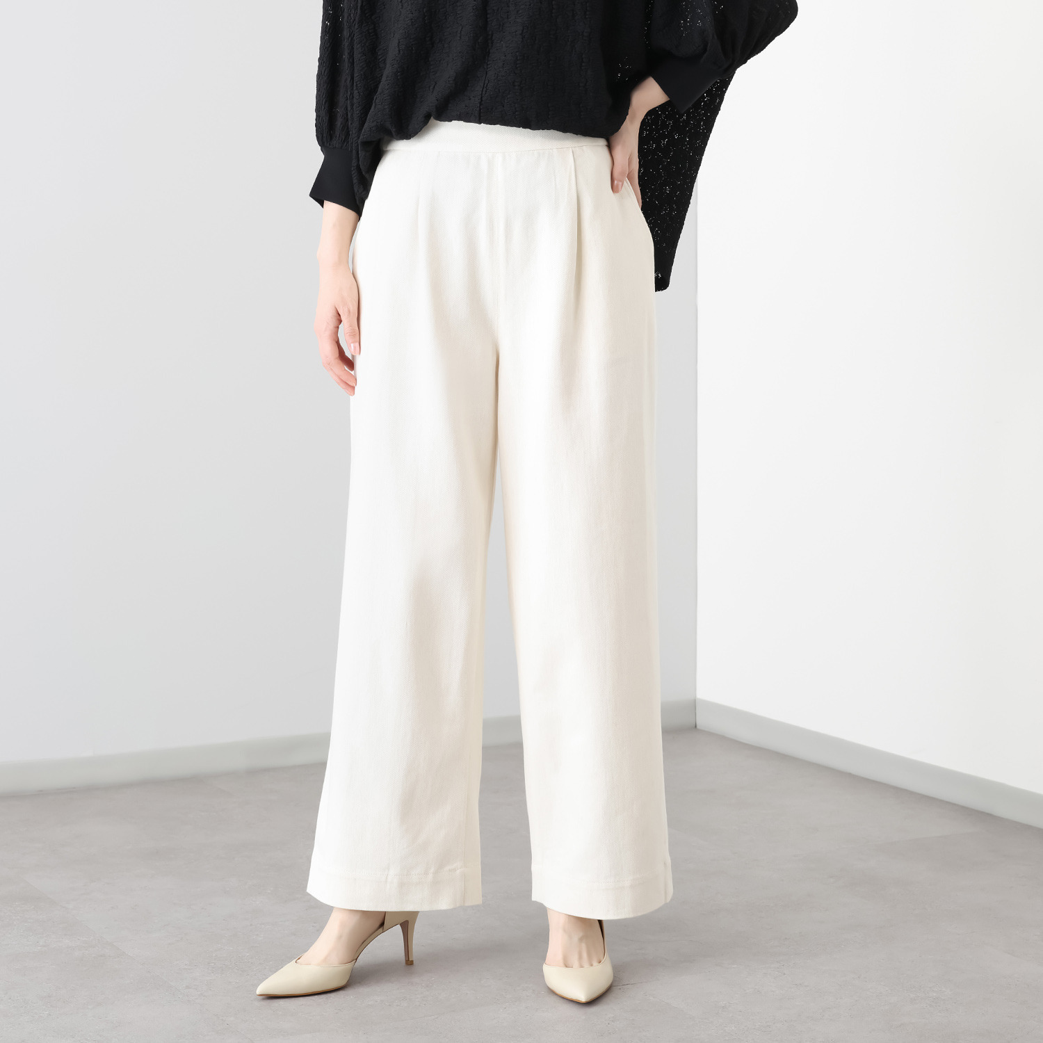 元町ゼラール フランス産リネン使用 ライトオンスデニム きれいめワイドストレート パンツ
