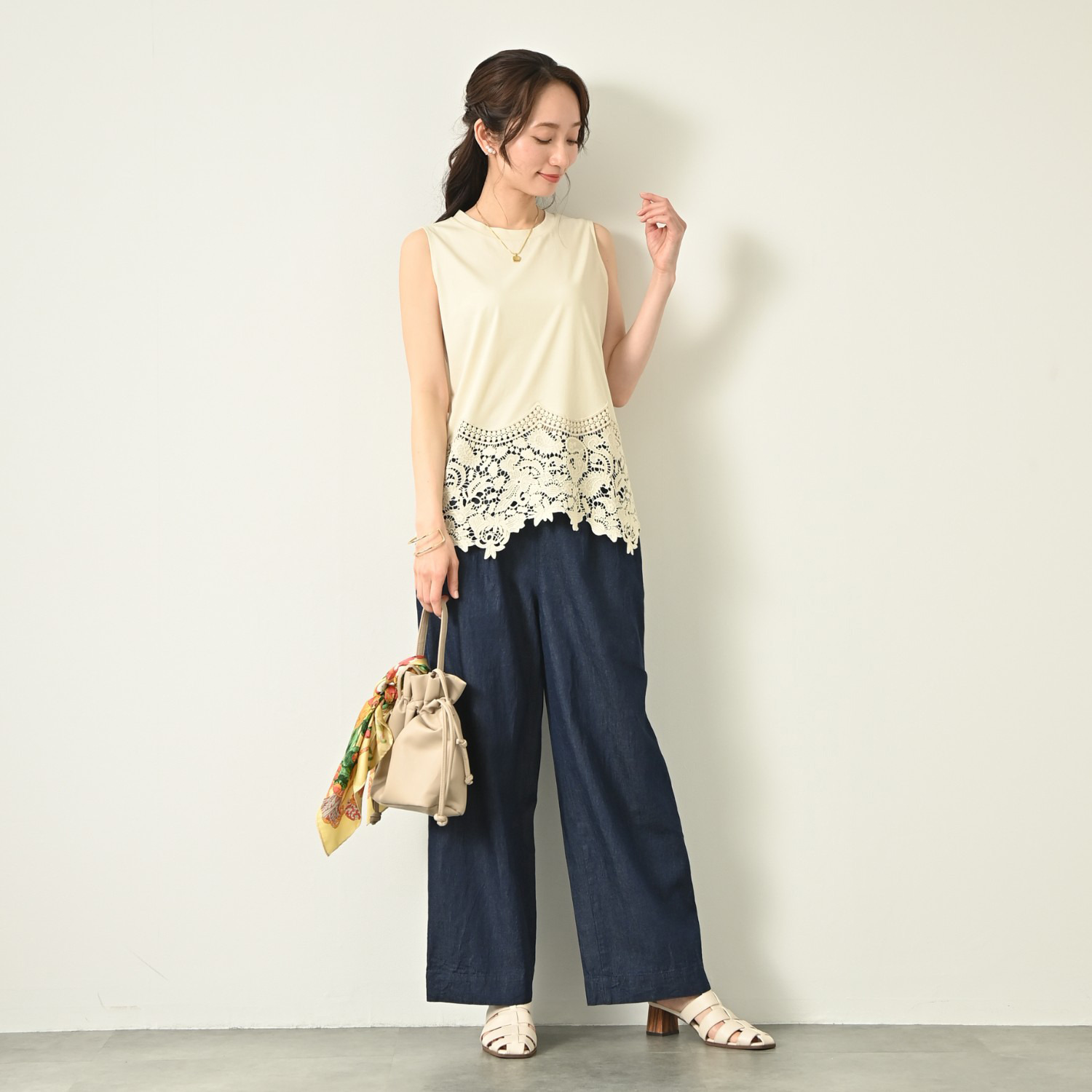 元町ゼラール フランス産リネン使用 ライトオンスデニム きれいめワイドストレート パンツ