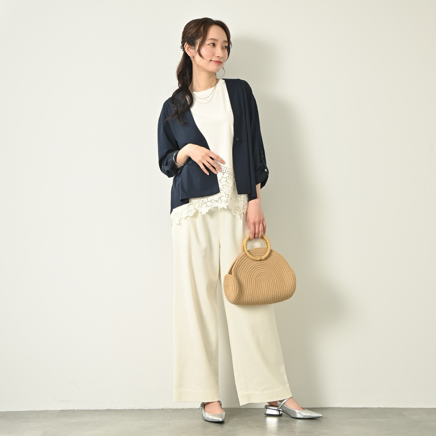 元町ゼラール フランス産リネン使用 ライトオンスデニム きれいめワイドストレート パンツ