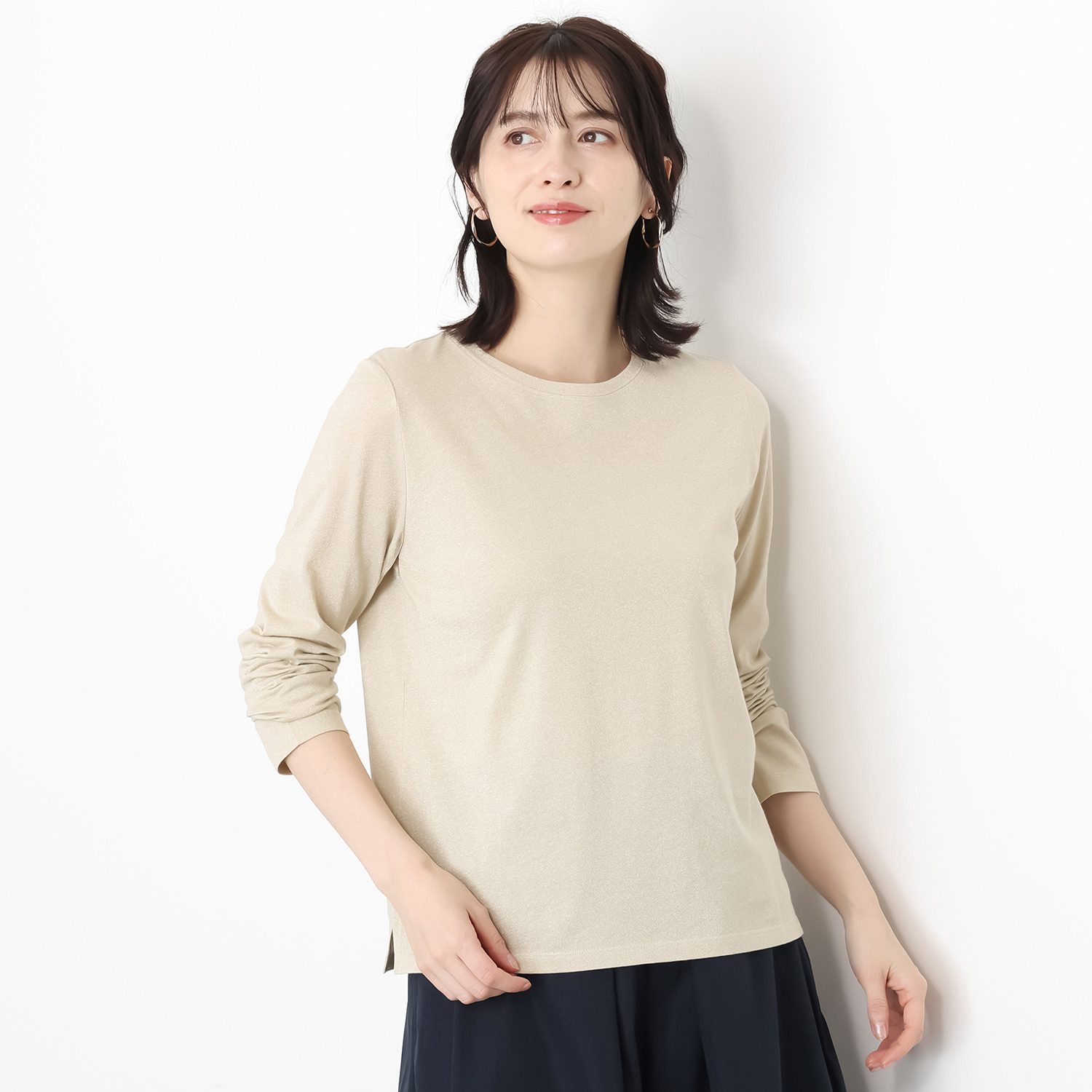 元町ゼラール ふんわりコットン混 上品ラメプレーティング ラウンドネック プルオーバー